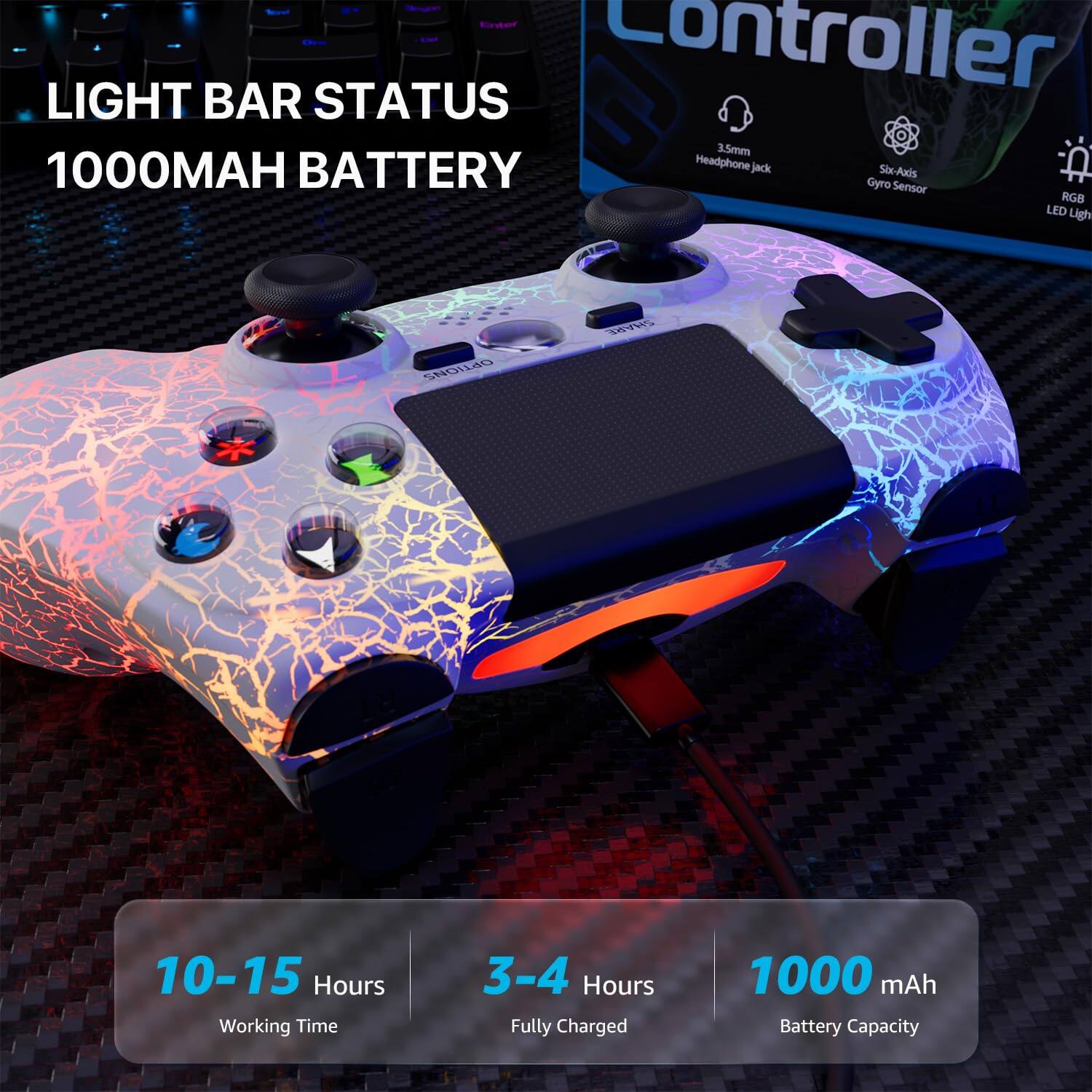 - Controller
- Light Bar Status
- 1000mAh Battery
- 3.5mm Headphone Jack
- Gyro Sensor
- RGB LED Light
- 10-15 Hours Working Time
- 3-4 Hours Fully Charged
- 1000 mAh Battery Capacity
