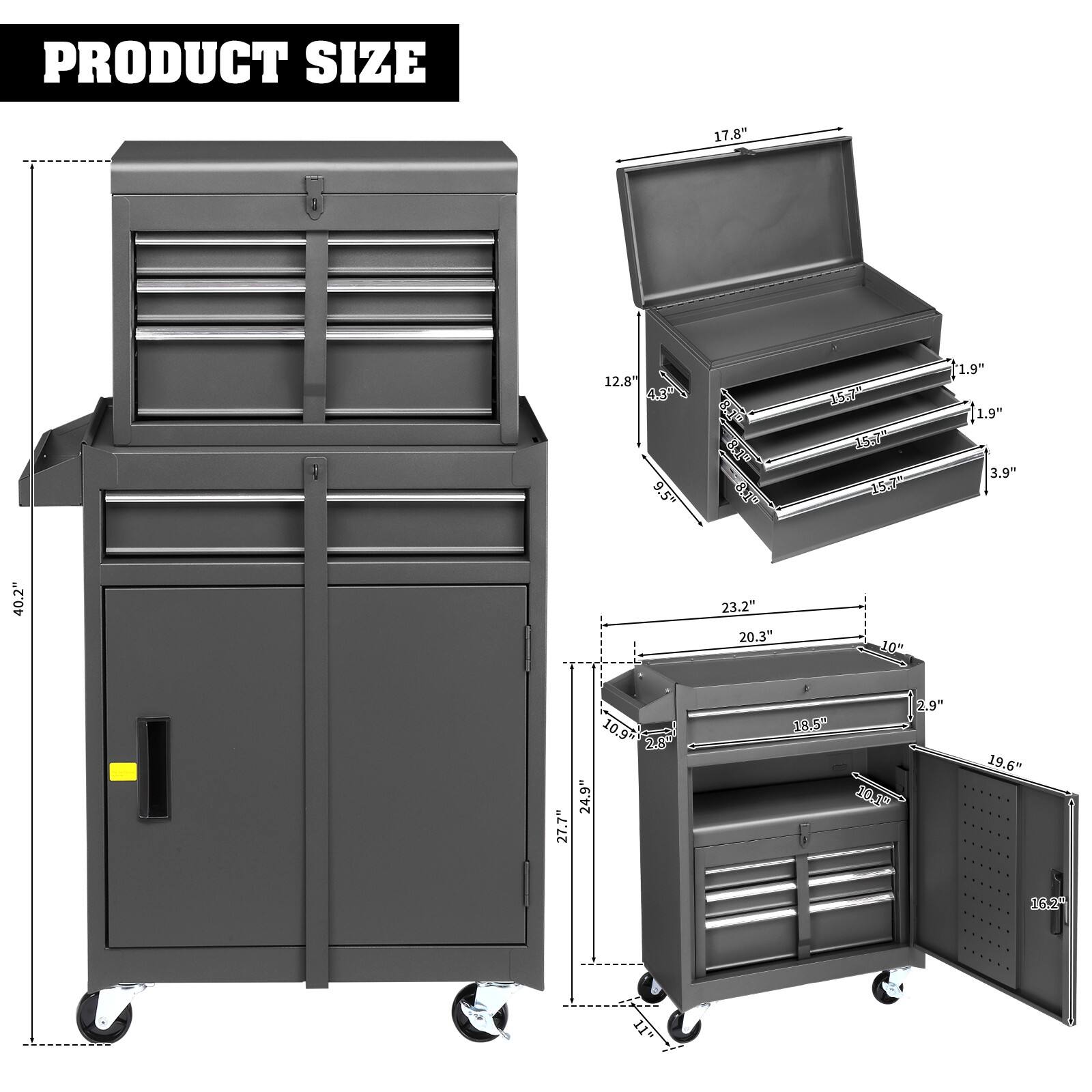PRODUCT SIZE

- Height: 40.2"
- Width: 23.2"
- Depth: 20.3"
- Drawer Height: 1.9"
- Drawer Depth: 15.7"
- Drawer Width: 17.8"
- Cabinet Width: 27.7"
- Cabinet Depth: 10"
- Cabinet Height: 27.1"
- Bottom Shelf Height: 10.9"
- Bottom Shelf Width: 24.9"
- Bottom Shelf Depth: 18.5"
- Bottom Shelf Height: 10.59"
- Bottom Shelf Width: 24.9"
- Bottom Shelf Depth: 18.5"
- Bottom Shelf Height: 10.59"
- Bottom Shelf Width: 24.9"
- Bottom Shelf Depth: 18.5"
- Bottom Shelf Height: 10.59"