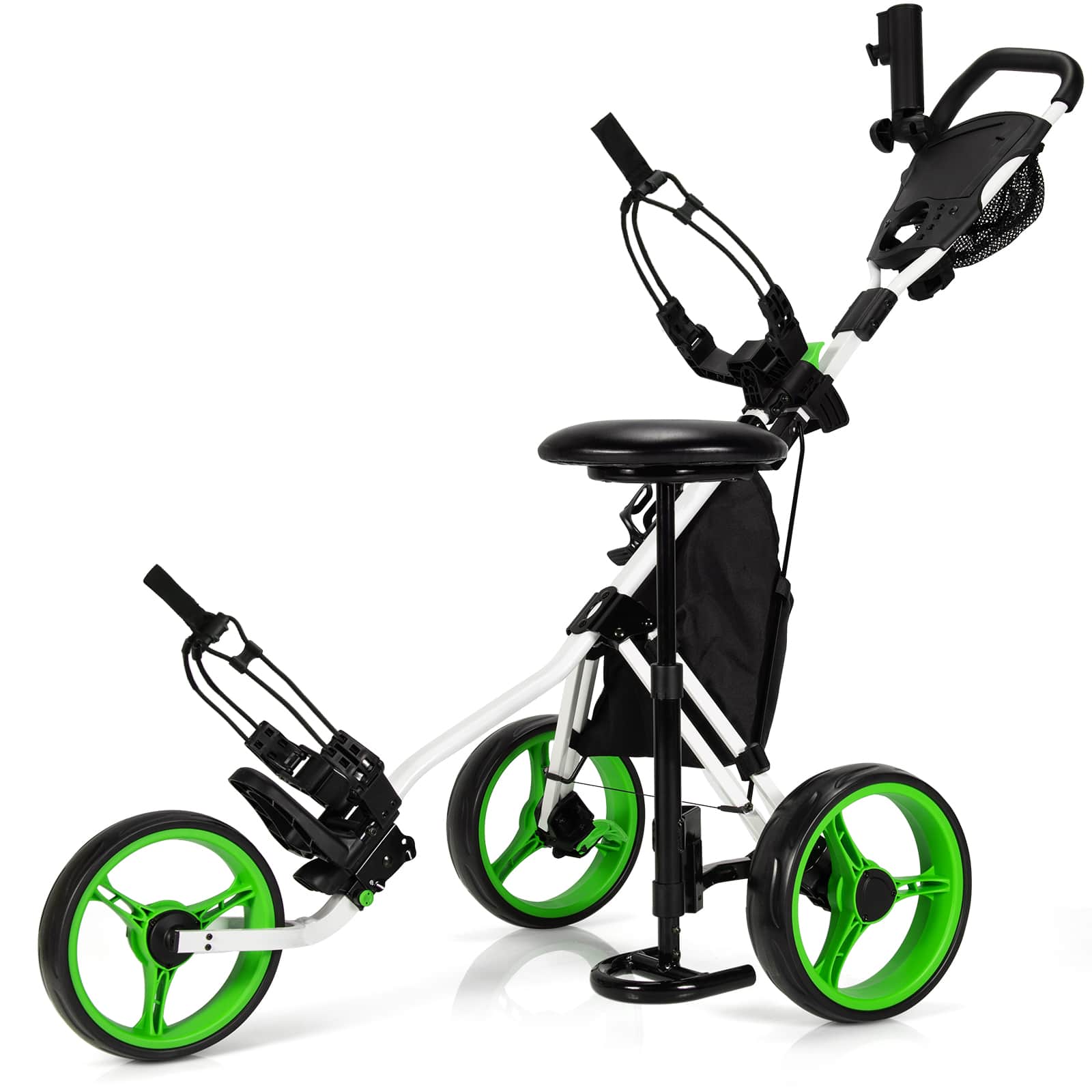 Costway - Folding 3 Wheels Golf Push Cart W/Seat Scoreboard Adjustable Handle - Green