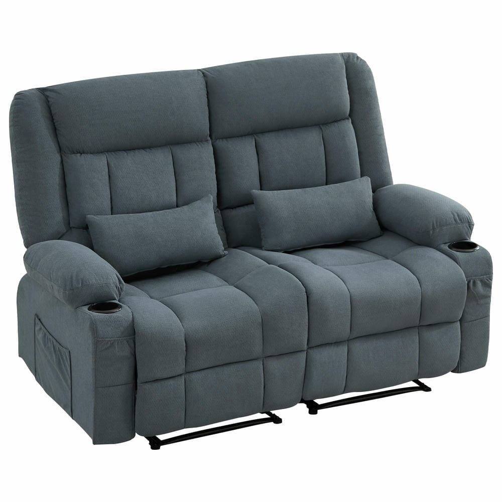 Kadyn - Oversized Recliner Loveseat, Manual 150° Recline, Breathable Fabric, 600lb Capacity, Cup Holders - Blue