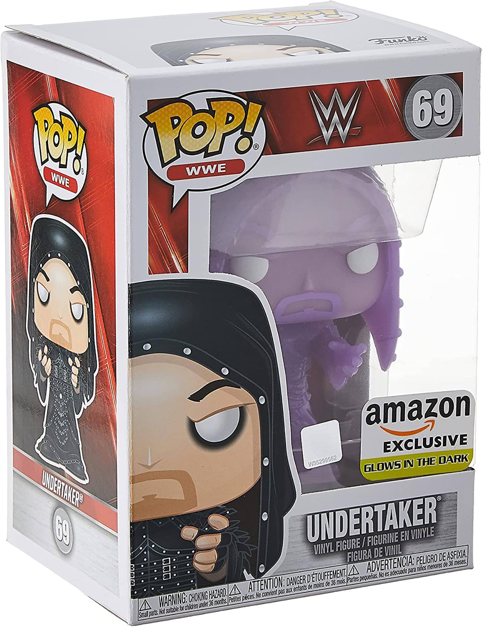 **Front:**
- POP! WWE
- 69
- Undertaker
- Amazon Exclusive
- Glows in the Dark

**Side:**
- POP! WWE
- Undertaker
- 69

**Bottom:**
- WARNING: CHOKING HAZARD - Small parts. Not suitable for children under 36 months.
- ATTENTION: DANGER D'ÉTOUFFEMENT - Petites pièces. Ne convient pas aux enfants de moins de 36 mois.
- ADVERTENCIA: PELIGRO DE ASFIXIA - Piezas pequeñas. No es adecuado para niños menores de 36 meses.
- Vinyl Figure / Figurine en Vinyle / Figura de Vinil

**Top:**
- Funko

**Barcode:**
- W35299562