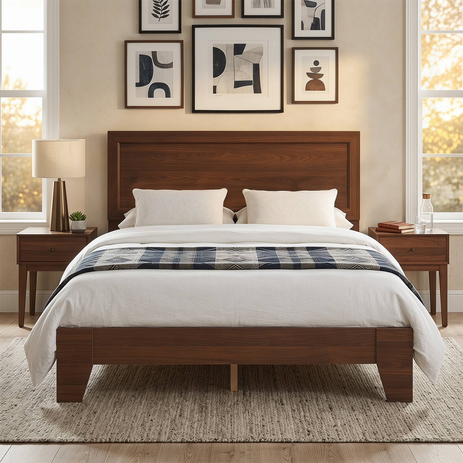 Alt View 3. Costway - Costway Full Size Bed Frame, Mid-Century Platform Bed with Headboard, No Box Spring Needed - Walnut.