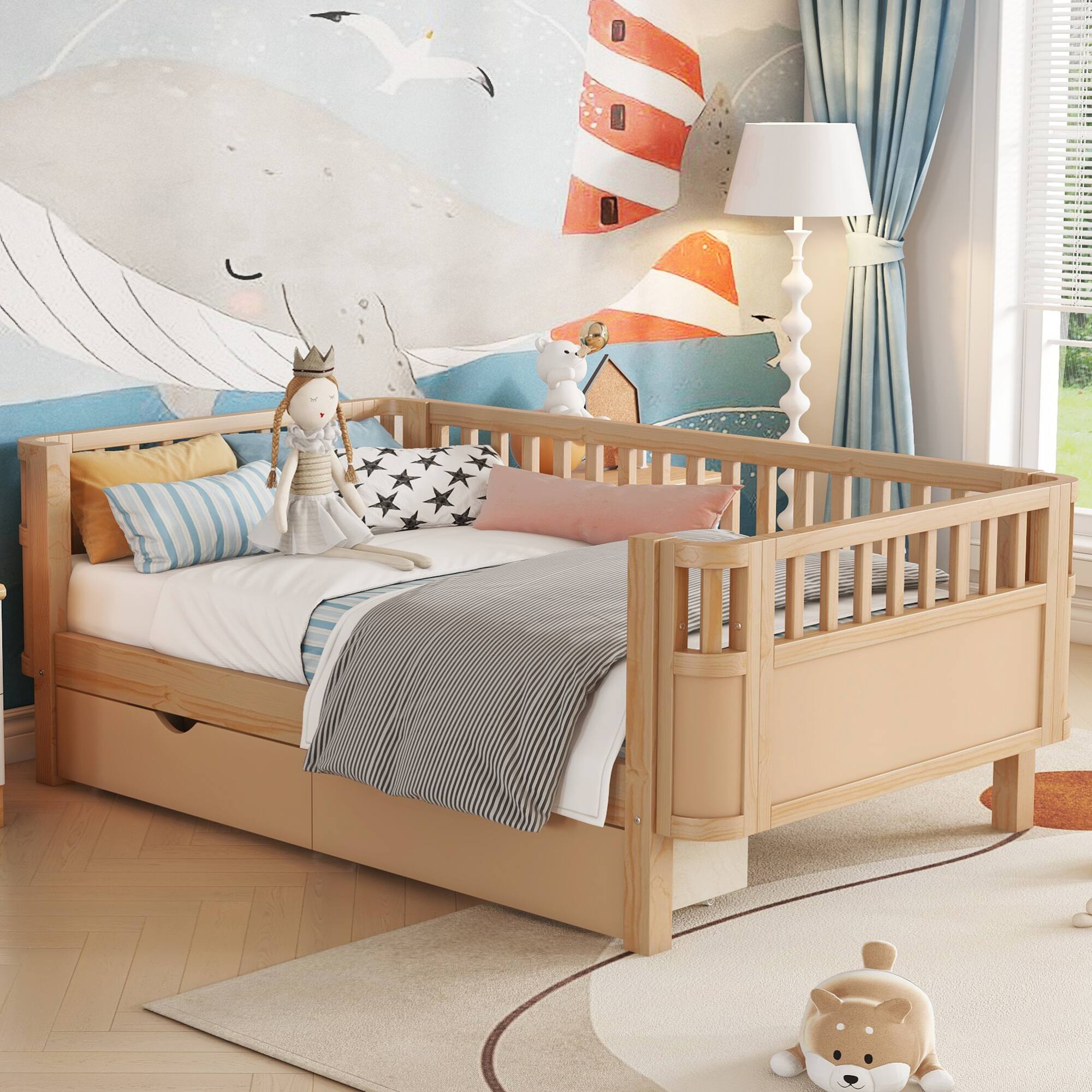 Angle. GOODSILO - Twin Size Wood Platform Bed with Safety Rails for Kids, Low Profile Design with Storage Drawers and Modern Style - Natural.