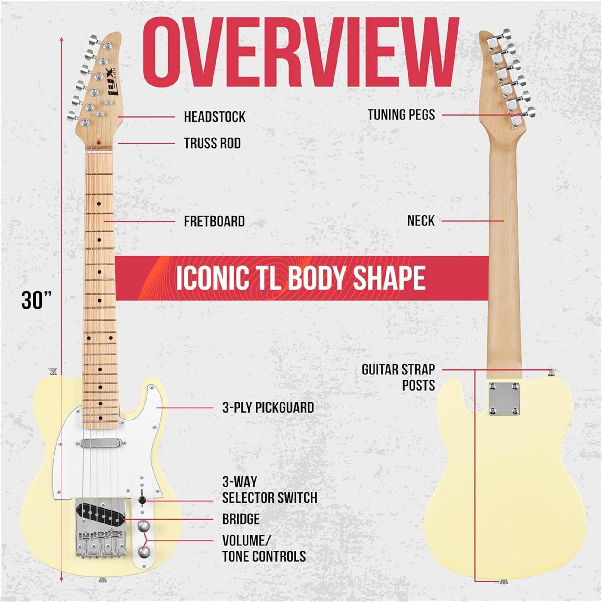 OVERVIEW
HEADSTOCK
TUNING PEGS
TRUSS ROD
FRETBOARD
NECK
30"
ICONIC TL BODY SHAPE
3-PLY PICKGUARD
GUITAR STRAP POSTS
3-WAY SELECTOR SWITCH
BRIDGE
VOLUME/ TONE CONTROLS