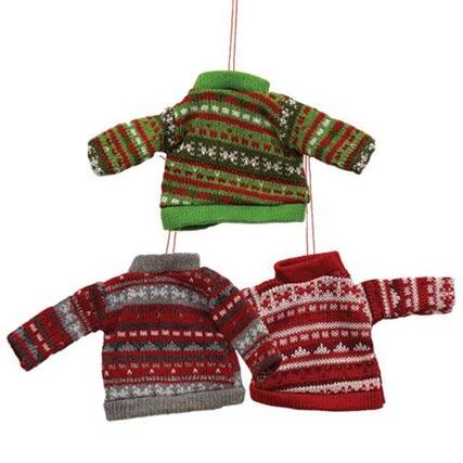 Front. BreeBe - Cozy Knit Sweater Ornament 3 Asstd. - Red, Green.