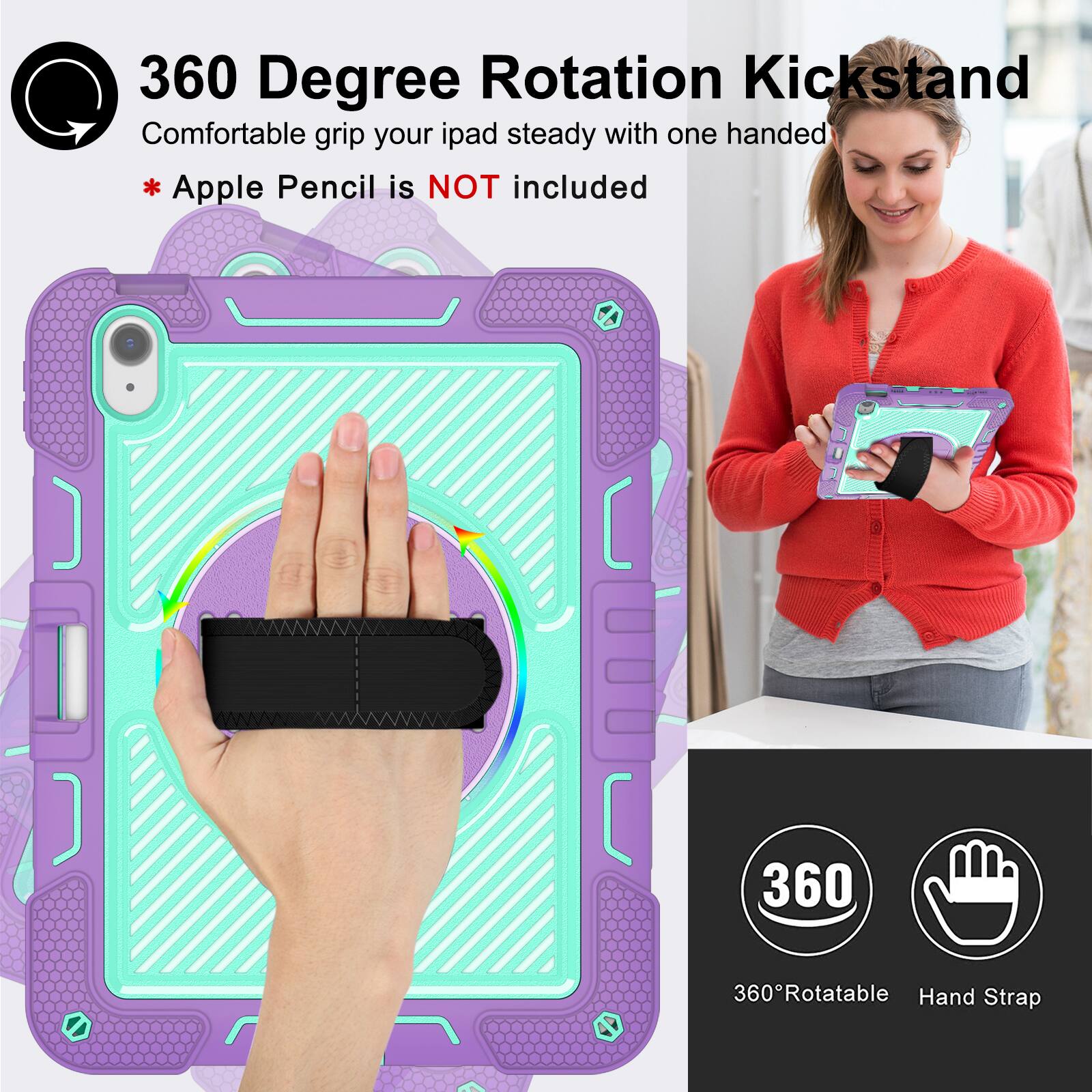 360 Degree Rotation Kickstand  
Comfortable grip your iPad steady with one handed  
* Apple Pencil is NOT included  

360° Rotatable  
Hand Strap