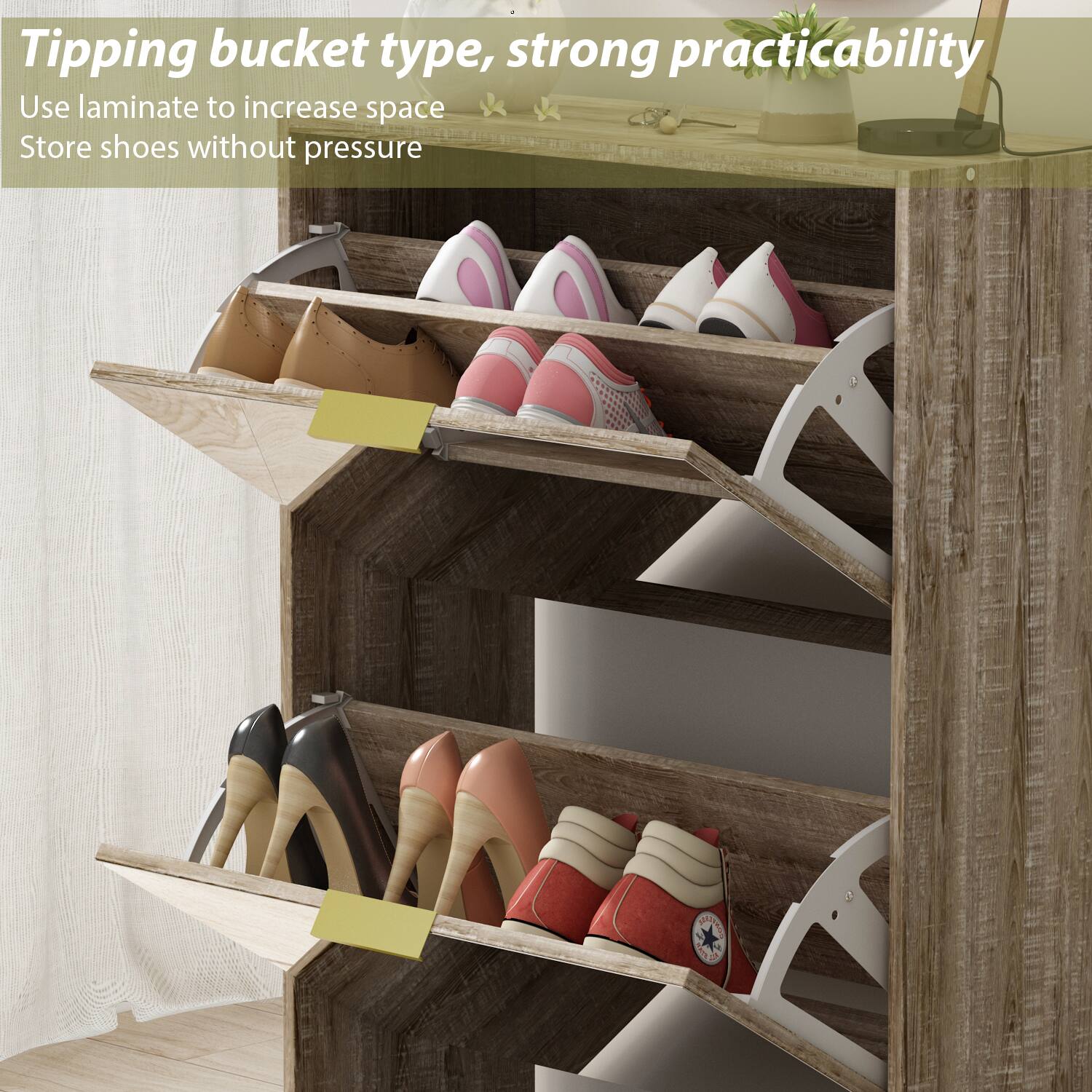 Tipping bucket type, strong practicability. Use laminate to increase space. Store shoes without pressure.