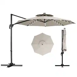 Ainfox - 10FT Double Top Cantilever Patio Umbrella with Light,Cross Base,Offset with Tilt Adjustment & 360 Rotation - Khaki+Light
