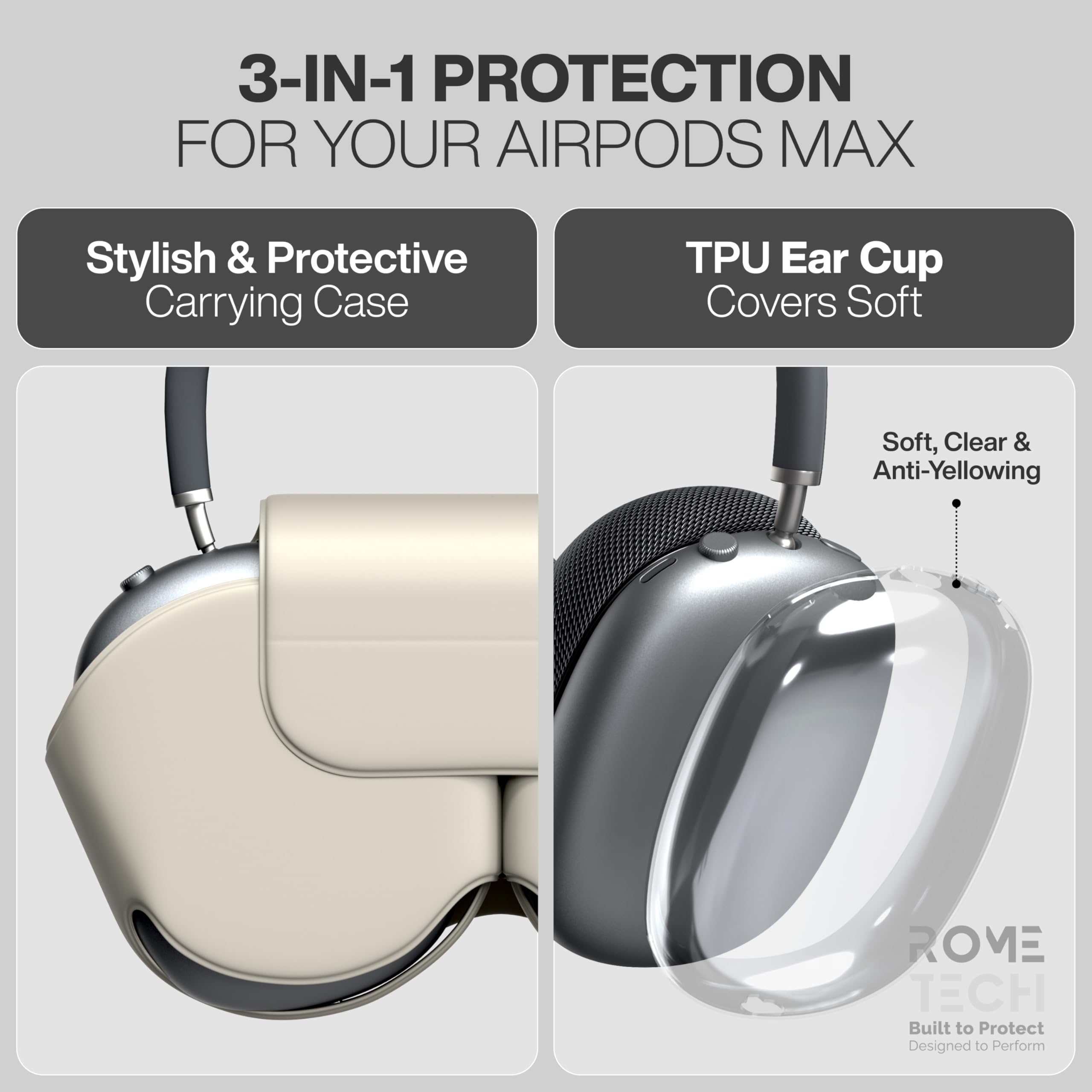 3-IN-1 PROTECTION FOR YOUR AIRPODS MAX

Stylish & Protective Carrying Case

TPU Ear Cup Covers Soft

Soft, Clear & Anti-Yellowing

ROME TECH Built to Protect Designed to Perform