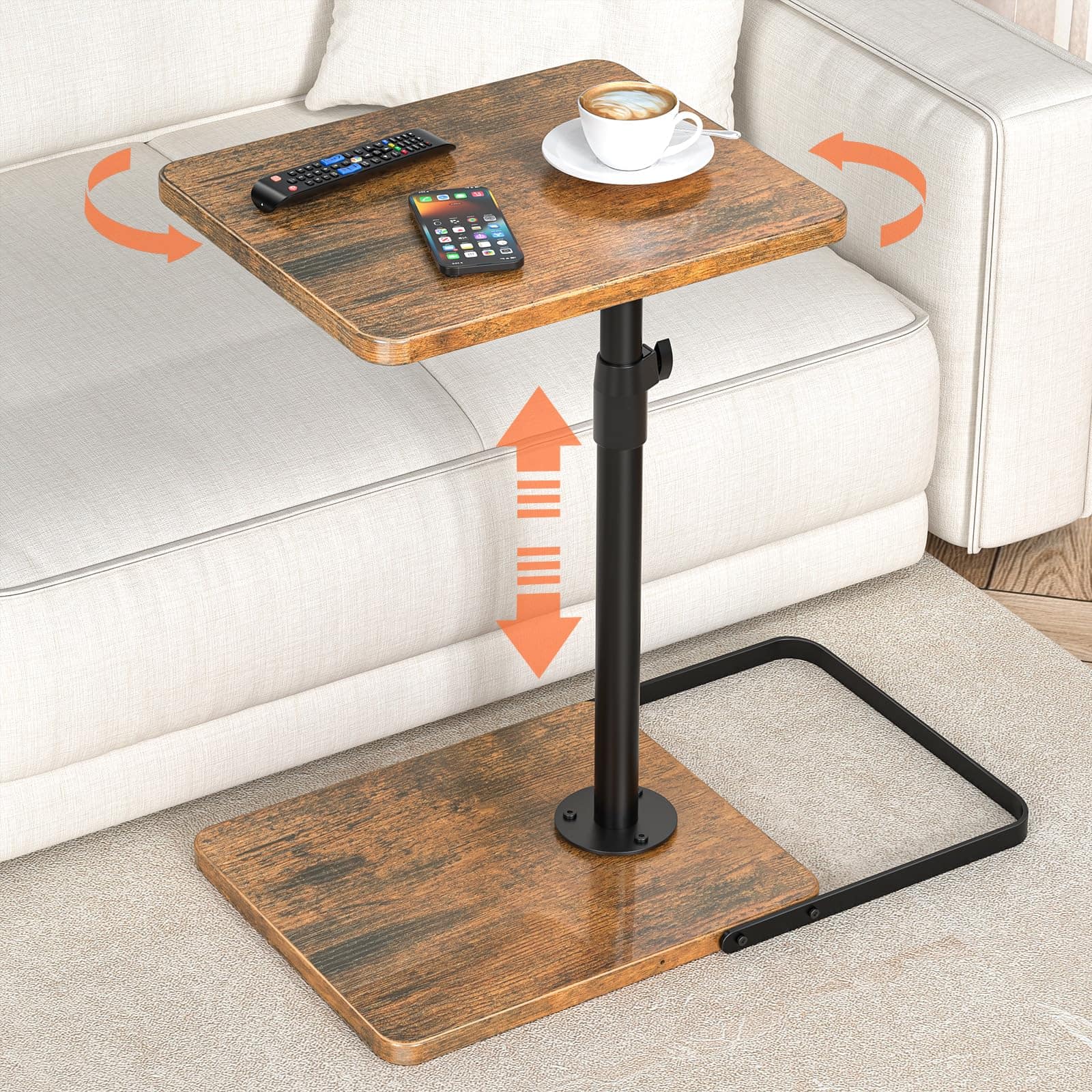 Fabibe - Tv Tray Table For Couch Height Adjustable/360° Swivel/180° Flip-over Panel Design C-shaped End Sofa Arm Side - Brown Standard 1 Pack