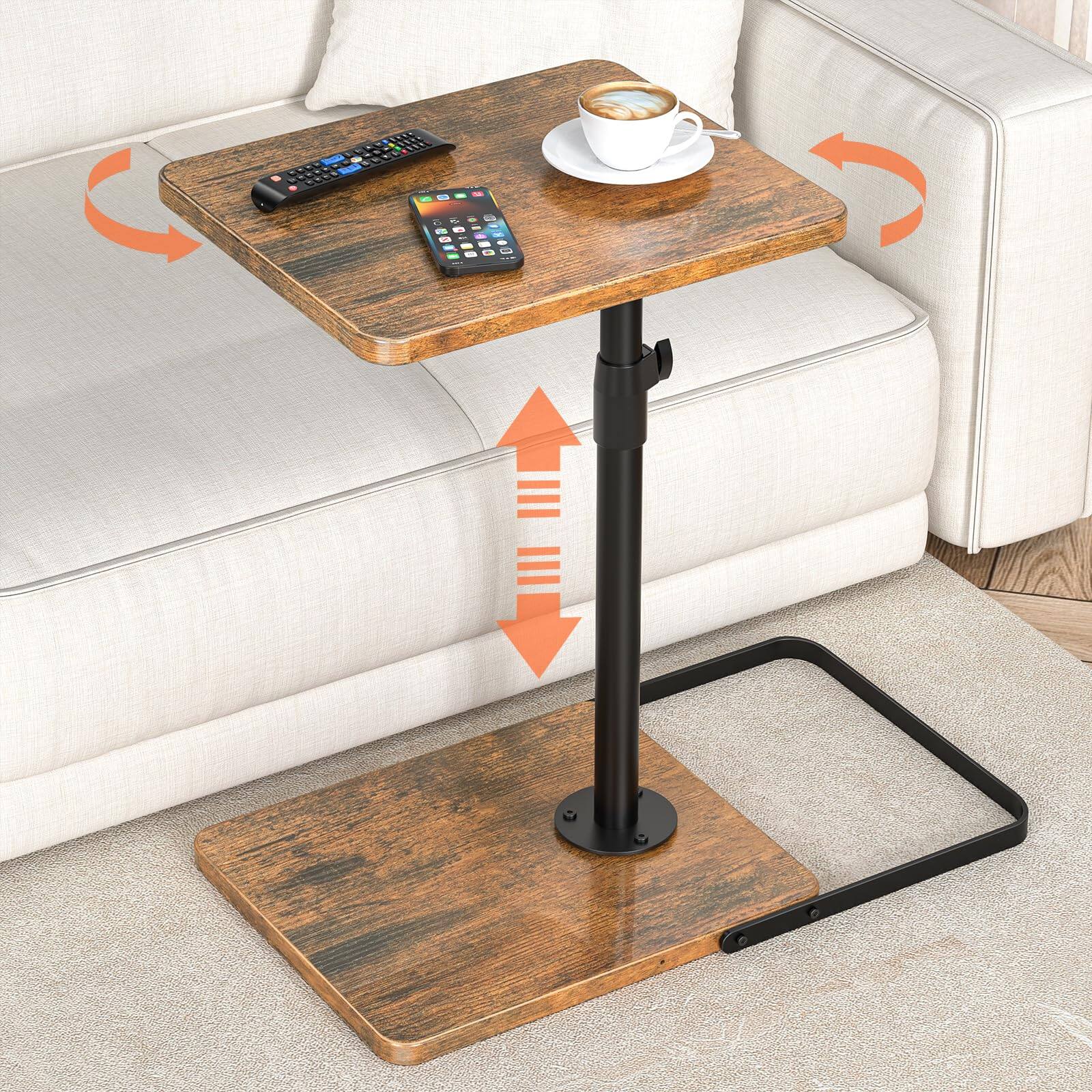 Fabibe - Tv Tray Table For Couch Height Adjustable/360° Swivel/180° Flip-over Panel Design C-shaped End Sofa Arm Side - Brown Standard 1 Pack