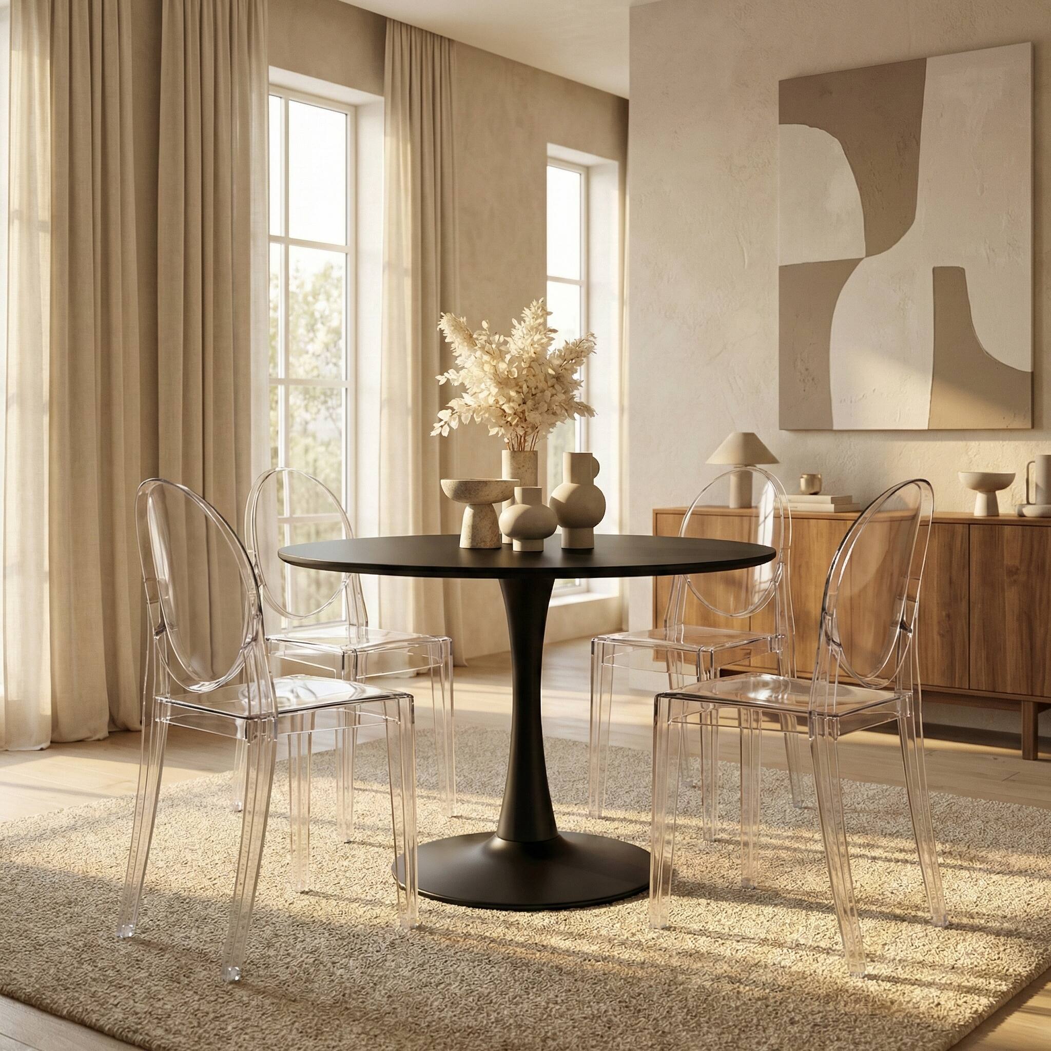 Angle. LeisureMod - Marion 2-PCS Clear Acrylic Dining Chair, Modern Single-Piece Stackable Armless Chair - Clear.