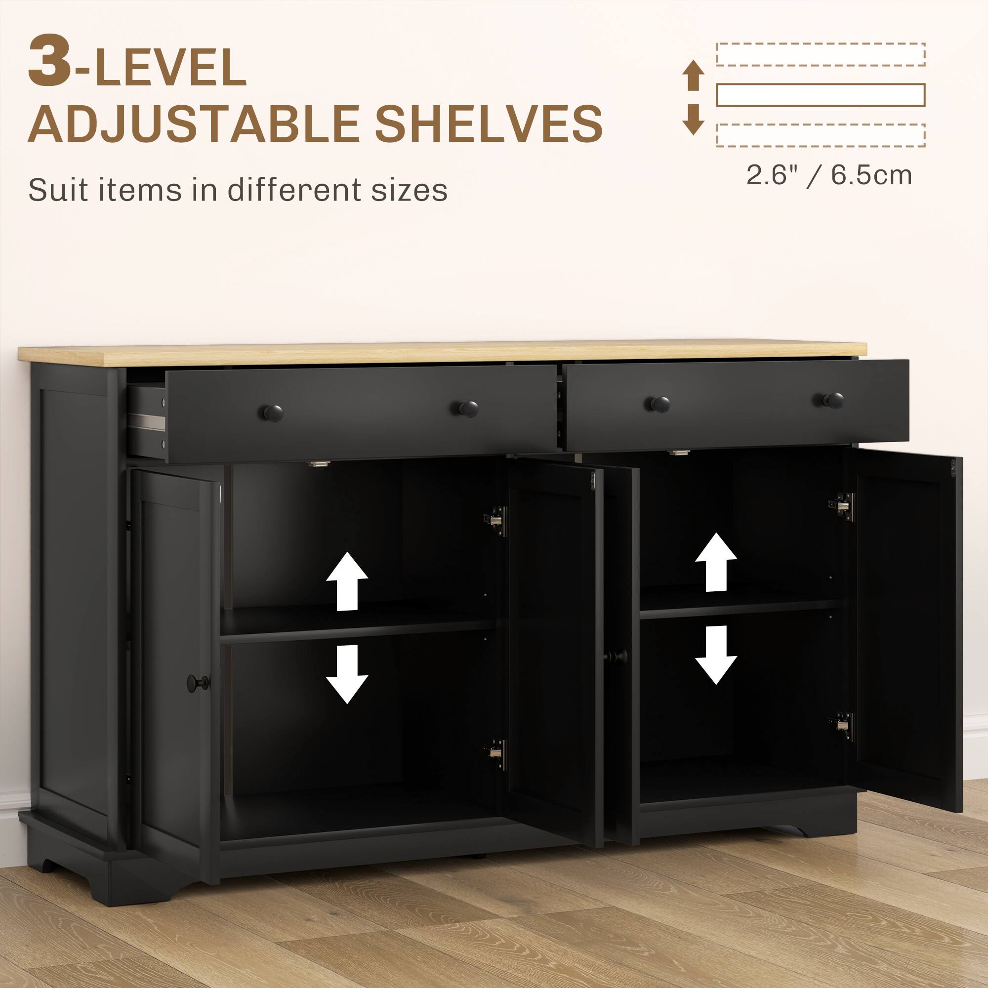 3-LEVEL ADJUSTABLE SHELVES Suit items in different sizes 2.6" / 6.5cm