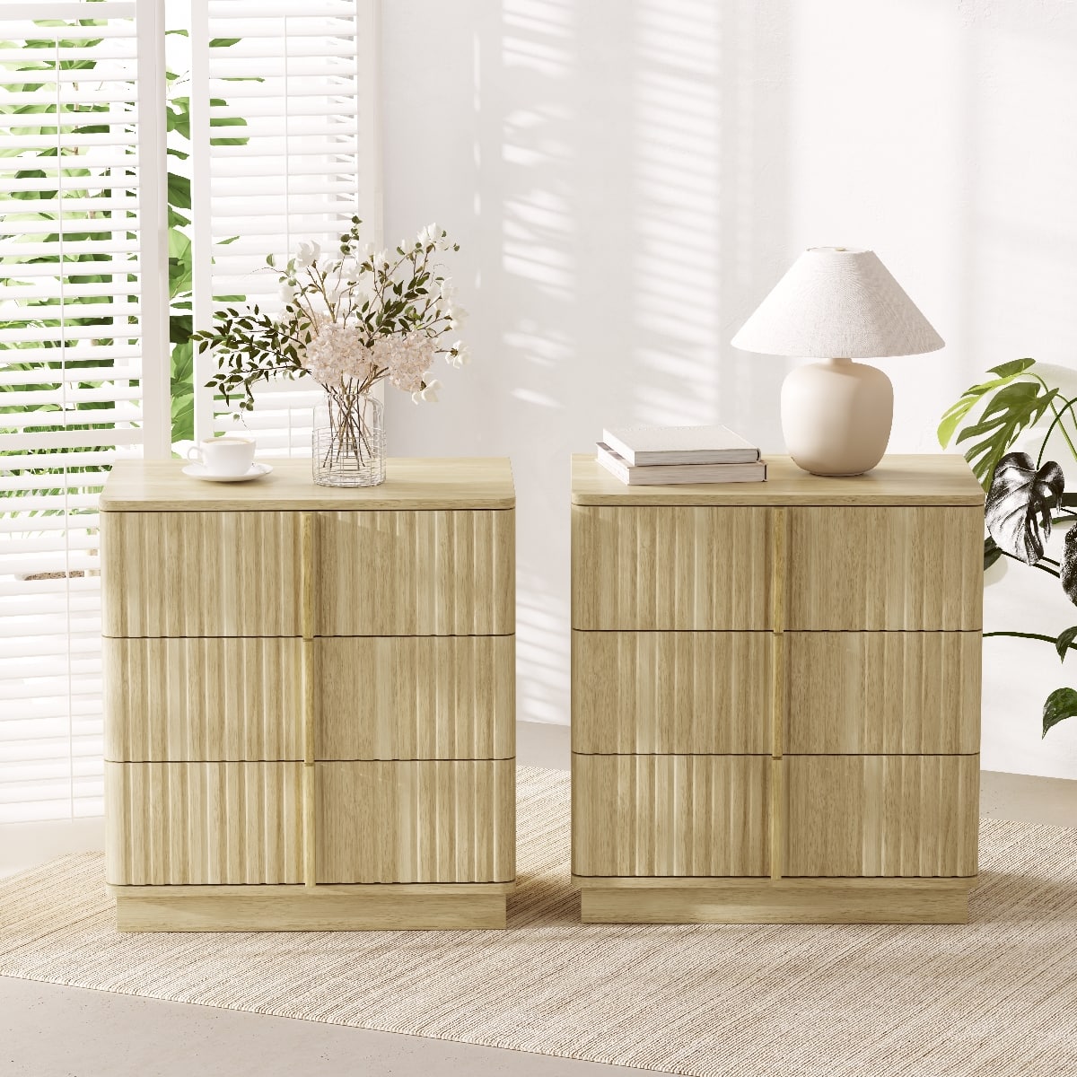 Loheer - Three Drawer Nightstand Set of Two MDF Vertical Stripe Bedroom Furniture - Natural