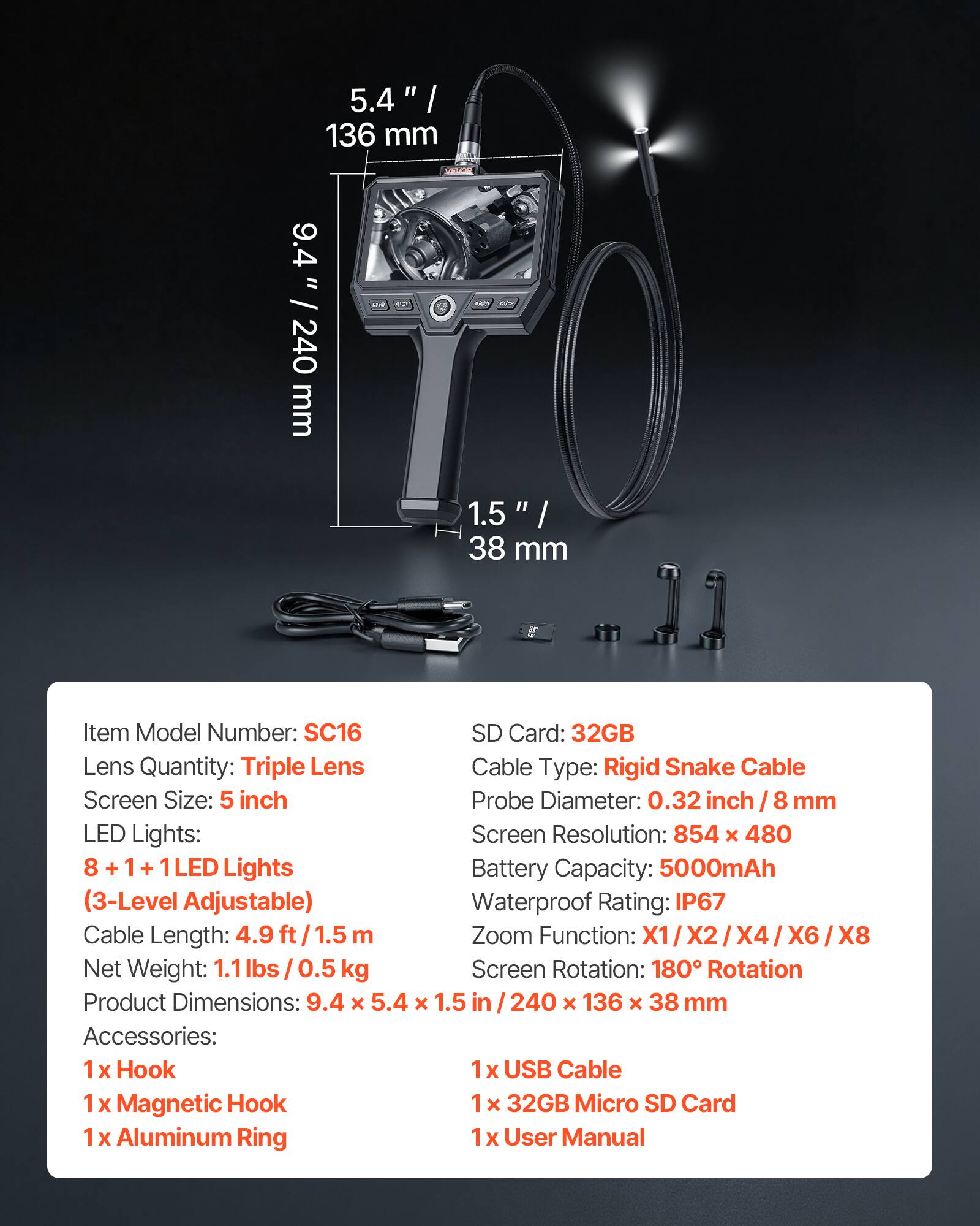 VEVOR Triple Lens Endoscope with Light, 5