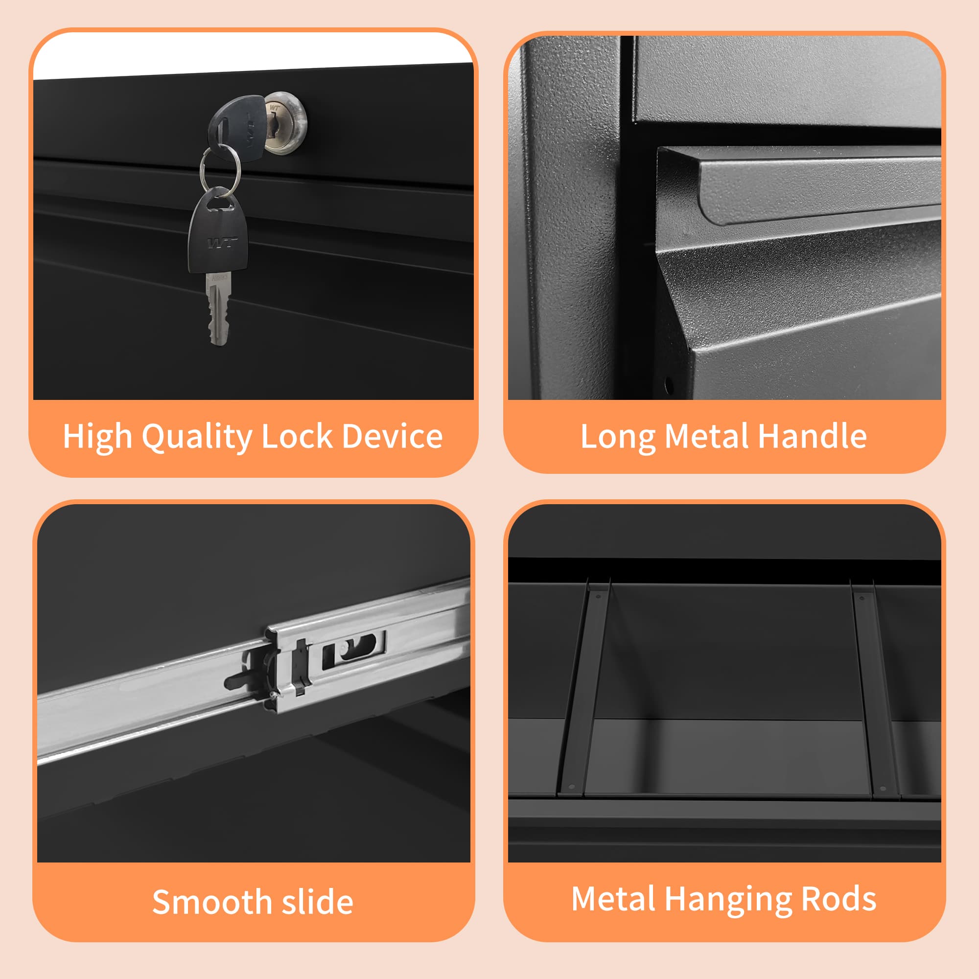 High Quality Lock Device  
Long Metal Handle  
Smooth slide  
Metal Hanging Rods