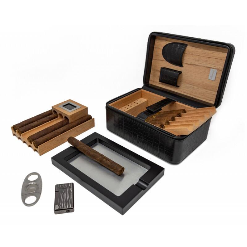 Left. Prestige - Manhattan XL Travel Humidor (Black) - Black Crocodile Motif Leather.
