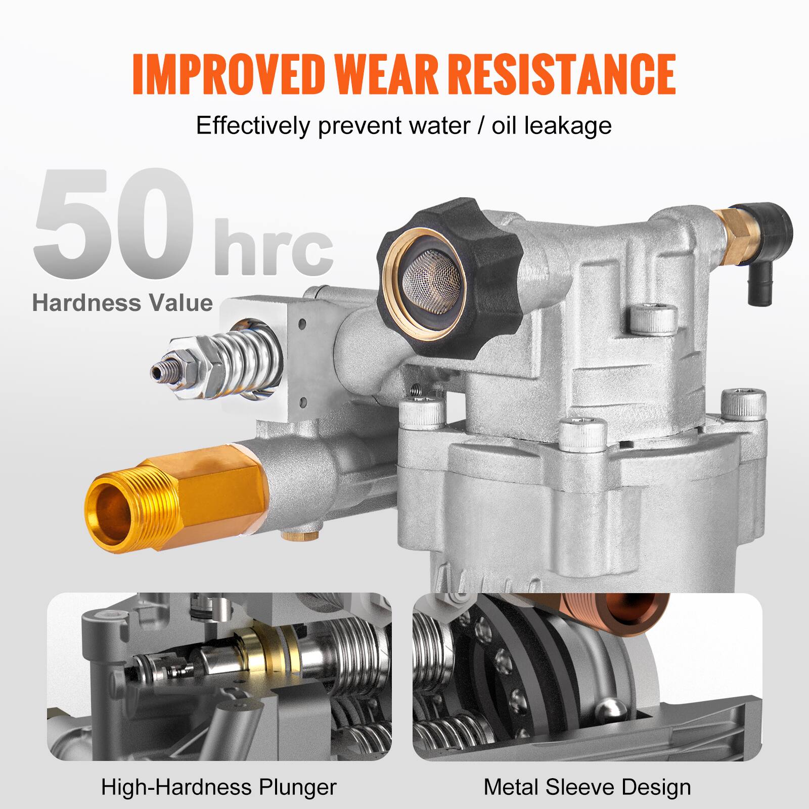IMPROVED WEAR RESISTANCE  
Effectively prevent water / oil leakage  

50 hrc  
Hardness Value  

High-Hardness Plunger  
Metal Sleeve Design