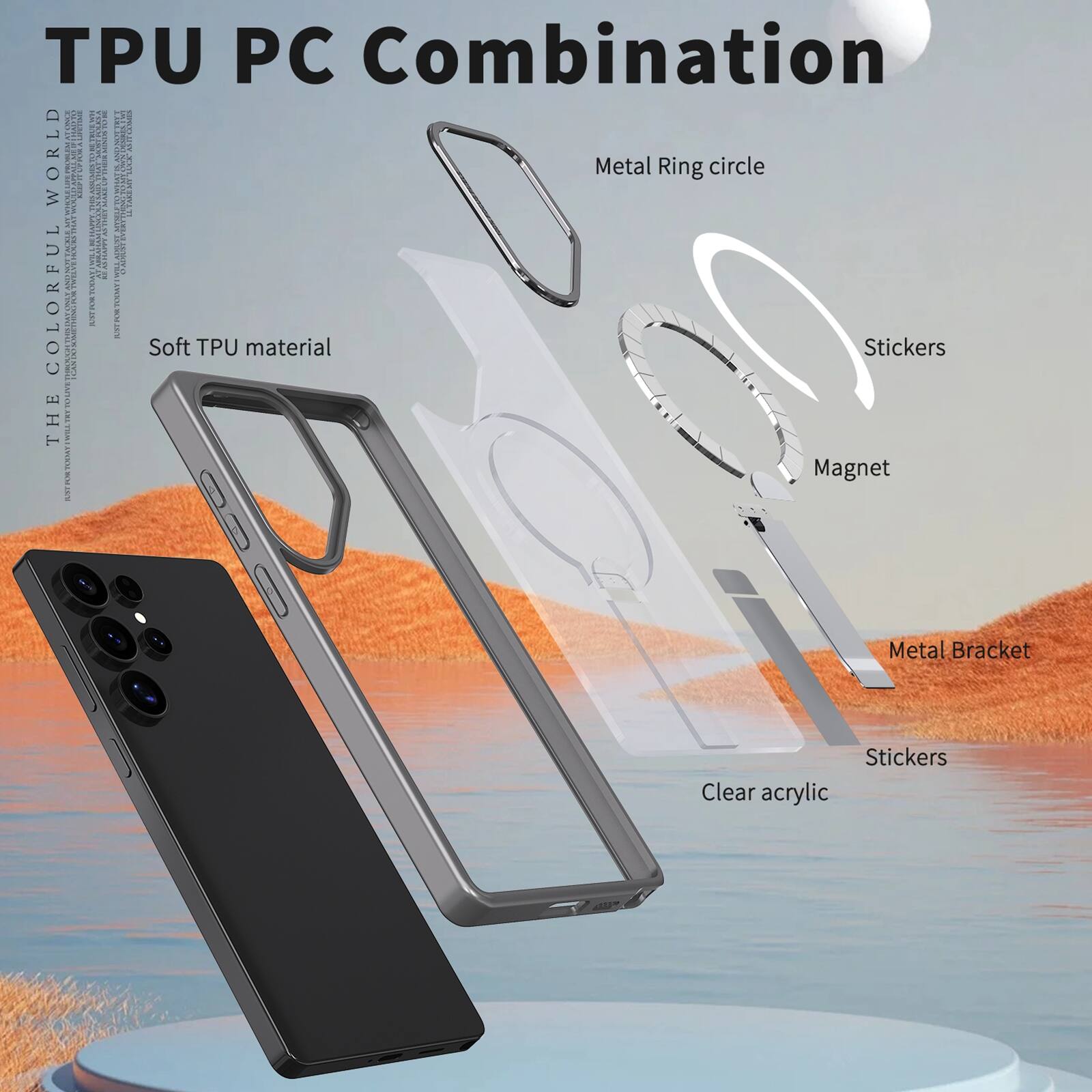TPU PC Combination  
THE COLORFUL WORLD  
Metal Ring circle  
Soft TPU material  
Stickers  
Magnet  
Metal Bracket  
Stickers  
Clear acrylic
