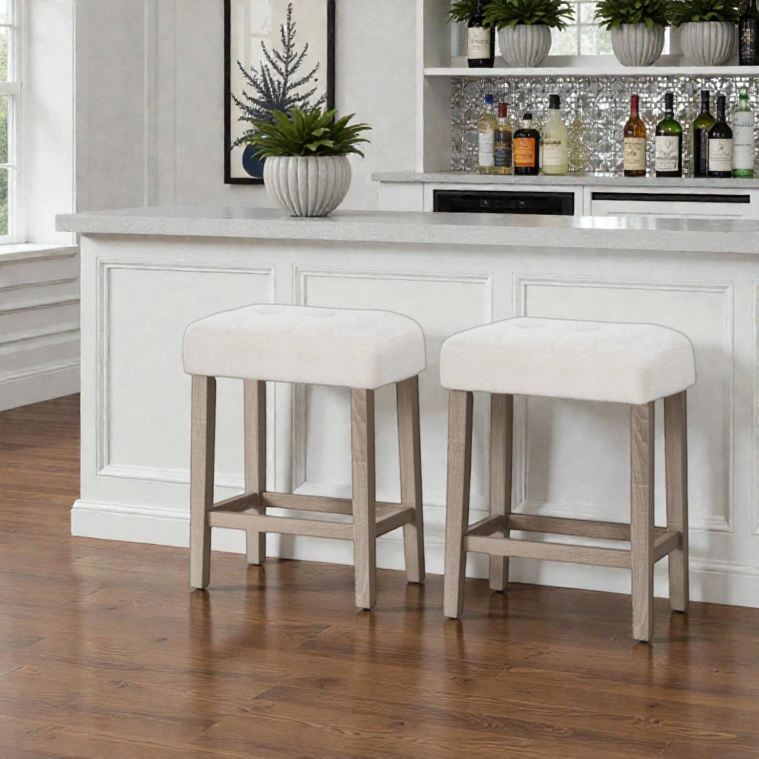 Front. Hivvago - Set of 2 Modern Counter Height Bar Stools with Rubber Wood Legs - White.