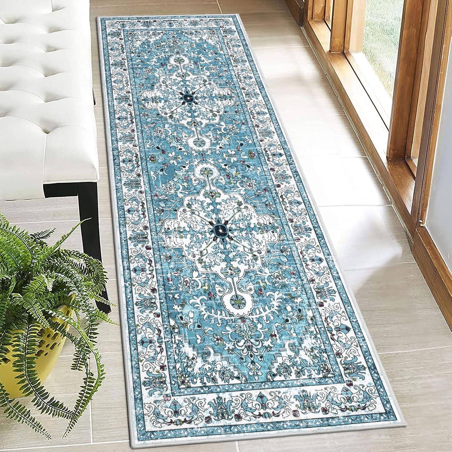 Alt View 3. FINEAK - Boho 2'x6' Washable Non-Slip Hallway Runner Rug - Teal.