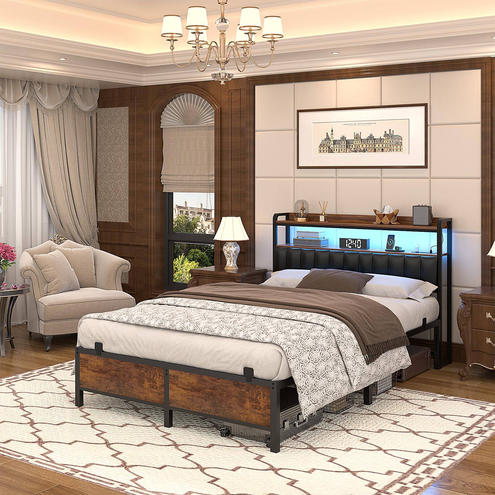 Back. Aheaplus - Upholstered Faux Leather Bed Frame: Charging Station, Adjustable Headboard, LED Lights & Steel Slat Support - Rustic Brown.