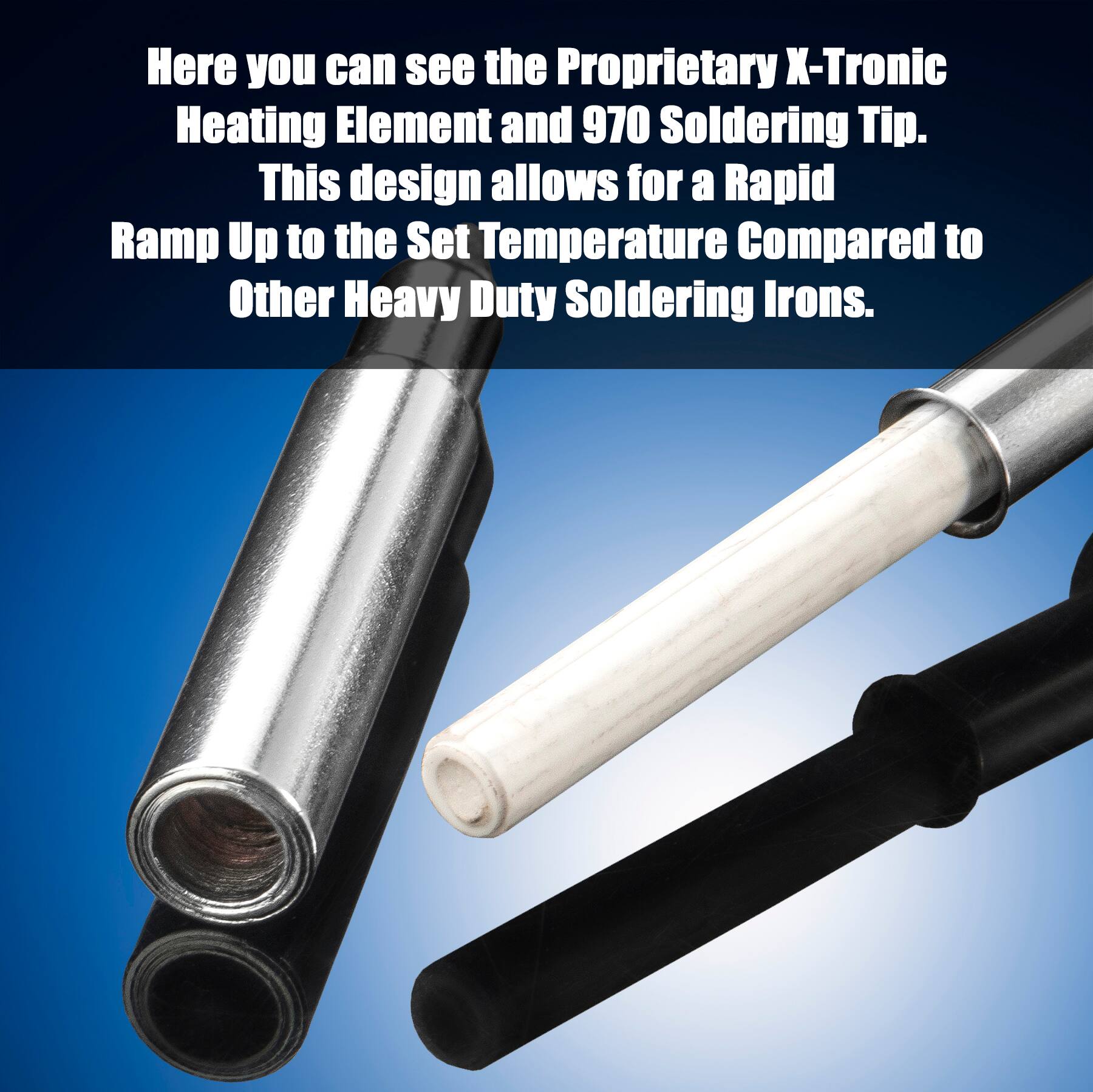 Here you can see the Proprietary X-Tronic Heating Element and 970 Soldering Tip. This design allows for a Rapid Ramp Up to the Set Temperature Compared to Other Heavy Duty Soldering Irons.