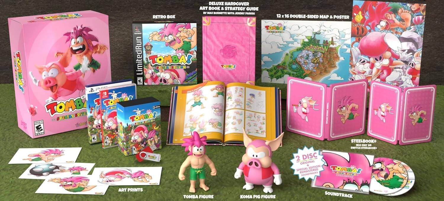 DELUXE HARDCOVER ART BOOK & STRATEGY GUIDE BY MAX BURNETTE WITH JEREMY PARISH  
RETRO BOX 12 x 16 DOUBLE-SIDED MAP & POSTER  
LIMITED RUN  
TOMBA!  
STEELBOOK BLU-RAY OR SWITCH STEELBOOK + 2 DISC ORIGINAL + SPECIAL EDITION REMASTERED SOUNDTRACKS  
TOMBA ART PRINTS  
TOMBA FIGURE  
KOMA PIG FIGURE  
SOUNDTRACK