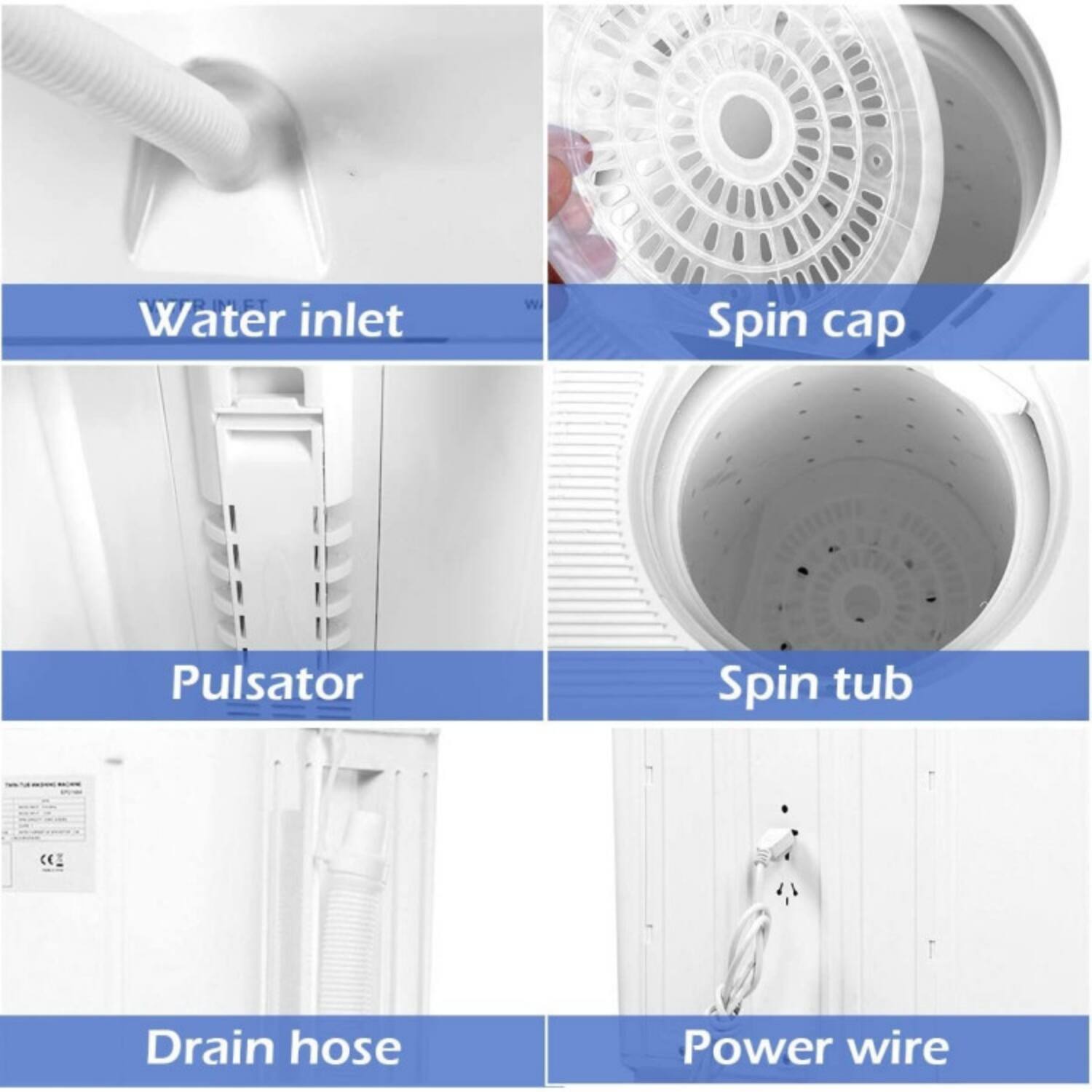 - Water inlet
- Spin cap
- Pulsator
- Spin tub
- Drain hose
- Power wire