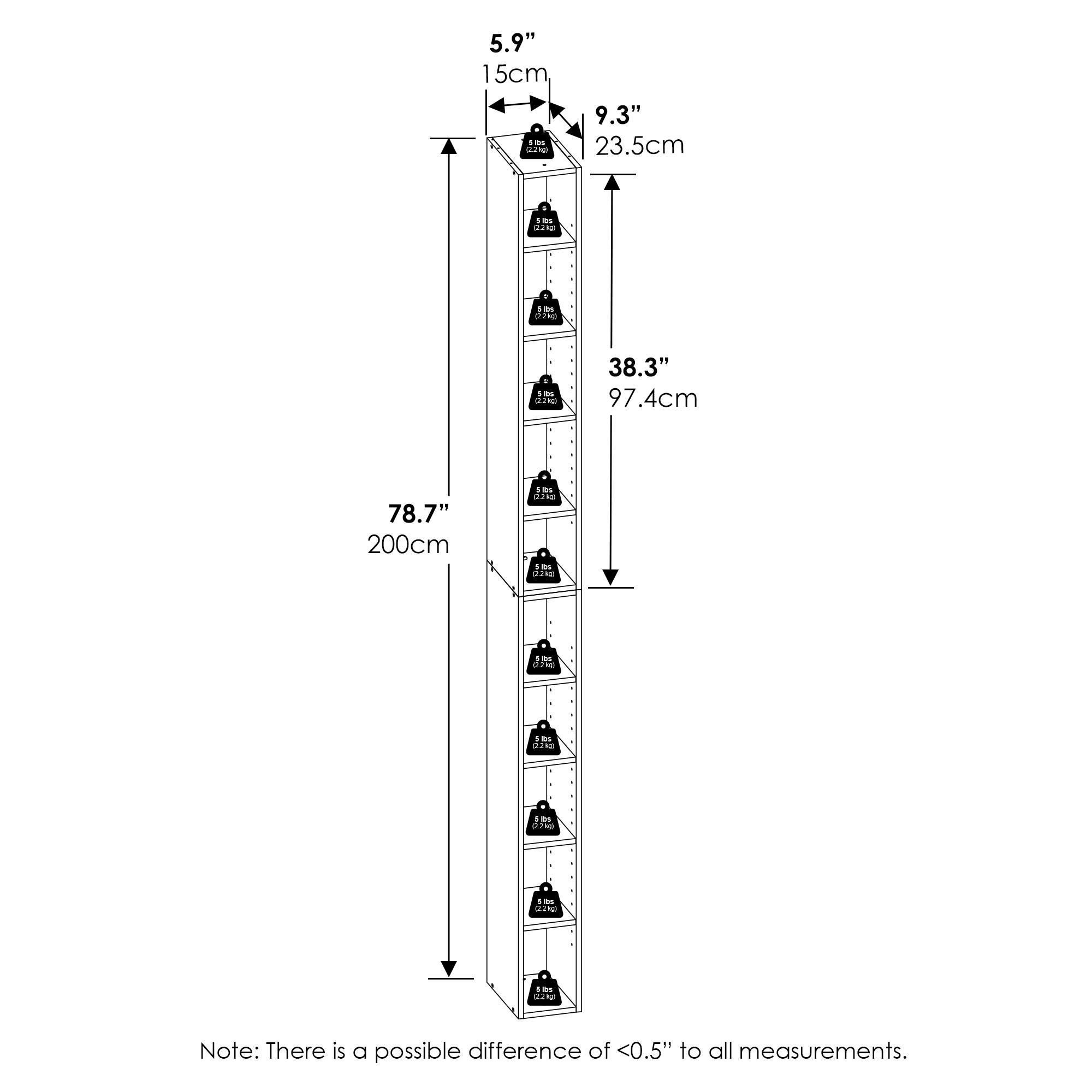5.9" 15cm  
9.3" 23.5cm  
38.3" 97.4cm  
78.7" 200cm  

Note: There is a possible difference of <0.5" to all measurements.