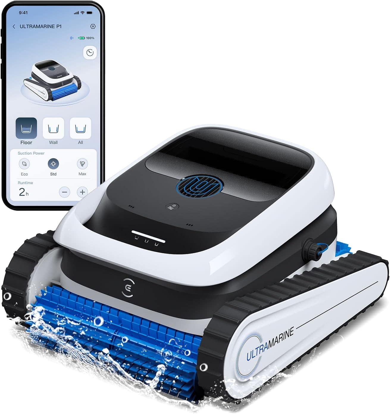 9:41  
ULTRAMARINE P1  
100%  

Floor Wall All  
Suction Power  
Eco Std Max  
Runtime 2h  

ULTRAMARINE