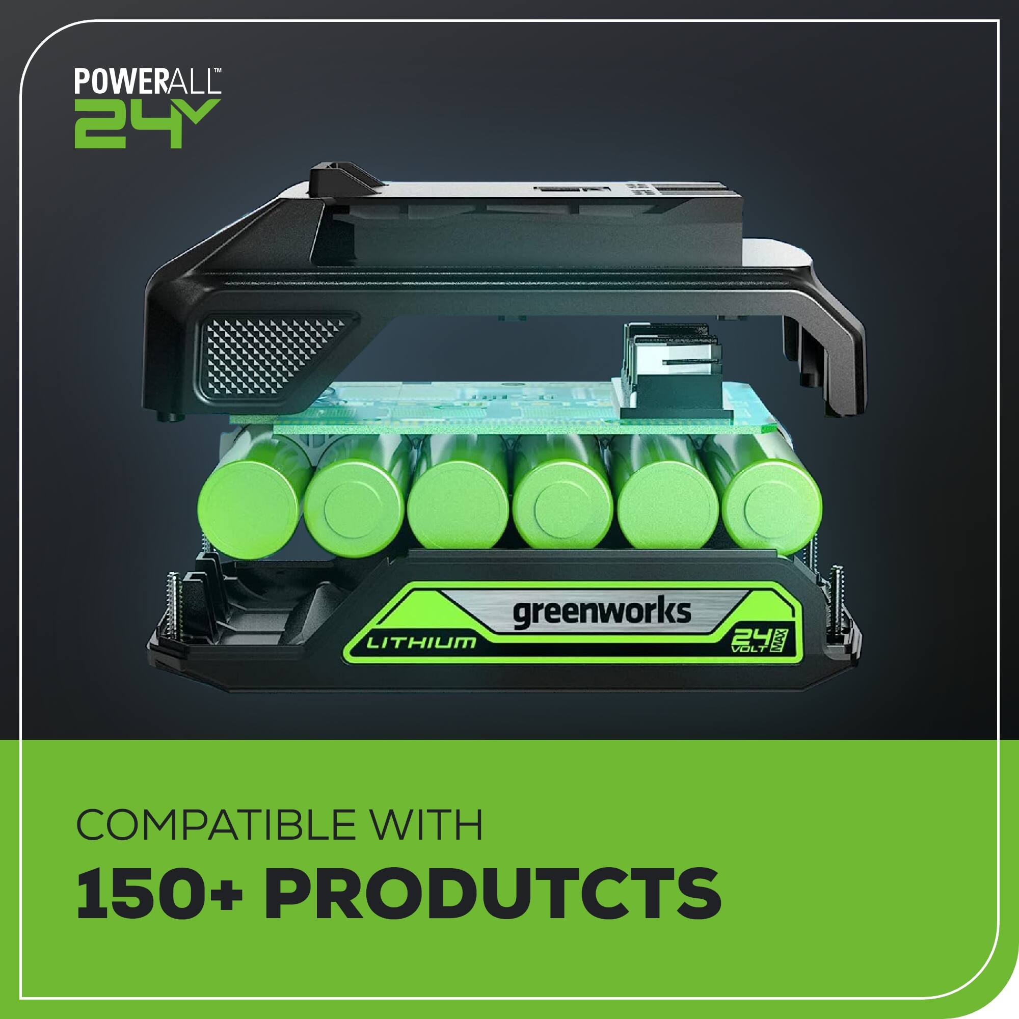 POWERALL 24V greenworks LITHIUM VOLT COMPATIBLE WITH 150+ PRODUCTS
