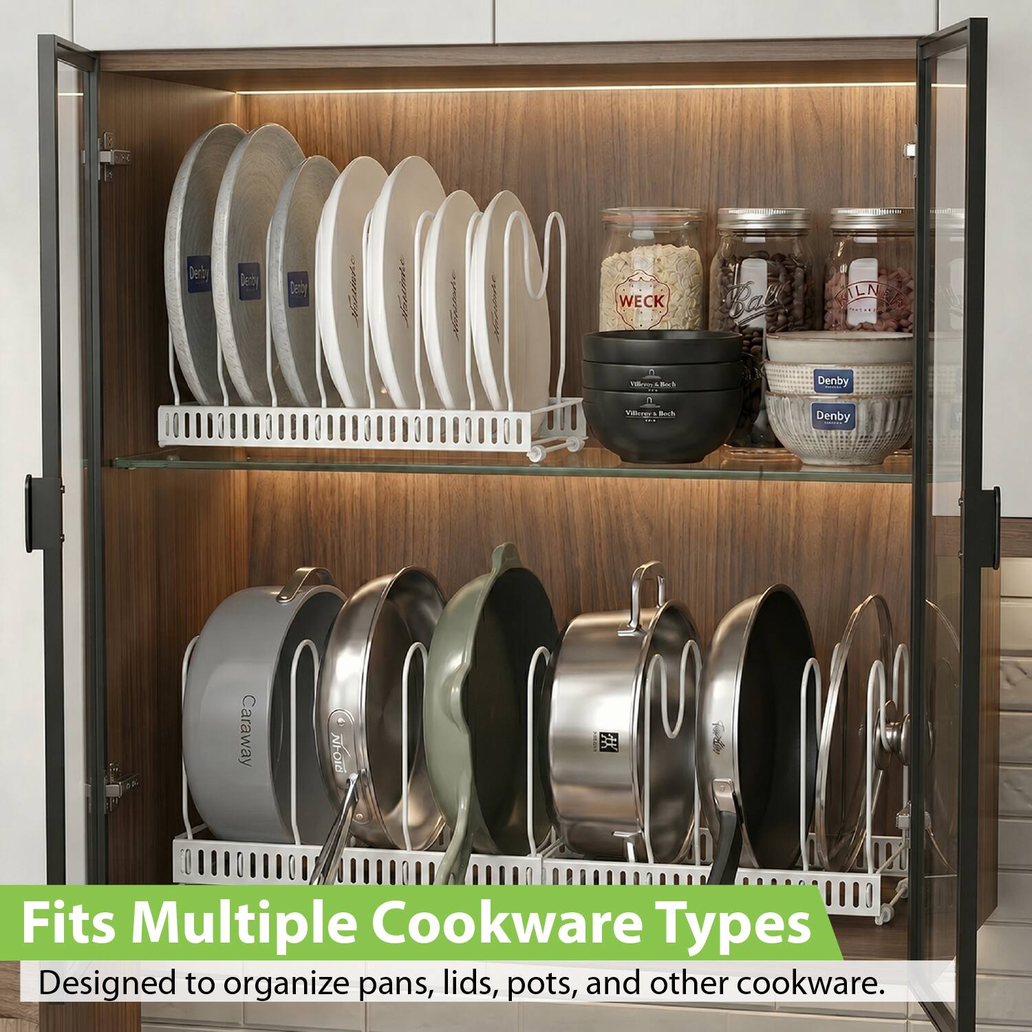 Derby Desby WECK Ball LA T  
Denby Voer U Denby Caraway  

Fits Multiple Cookware Types  
Designed to organize pans, lids, pots, and other cookware.