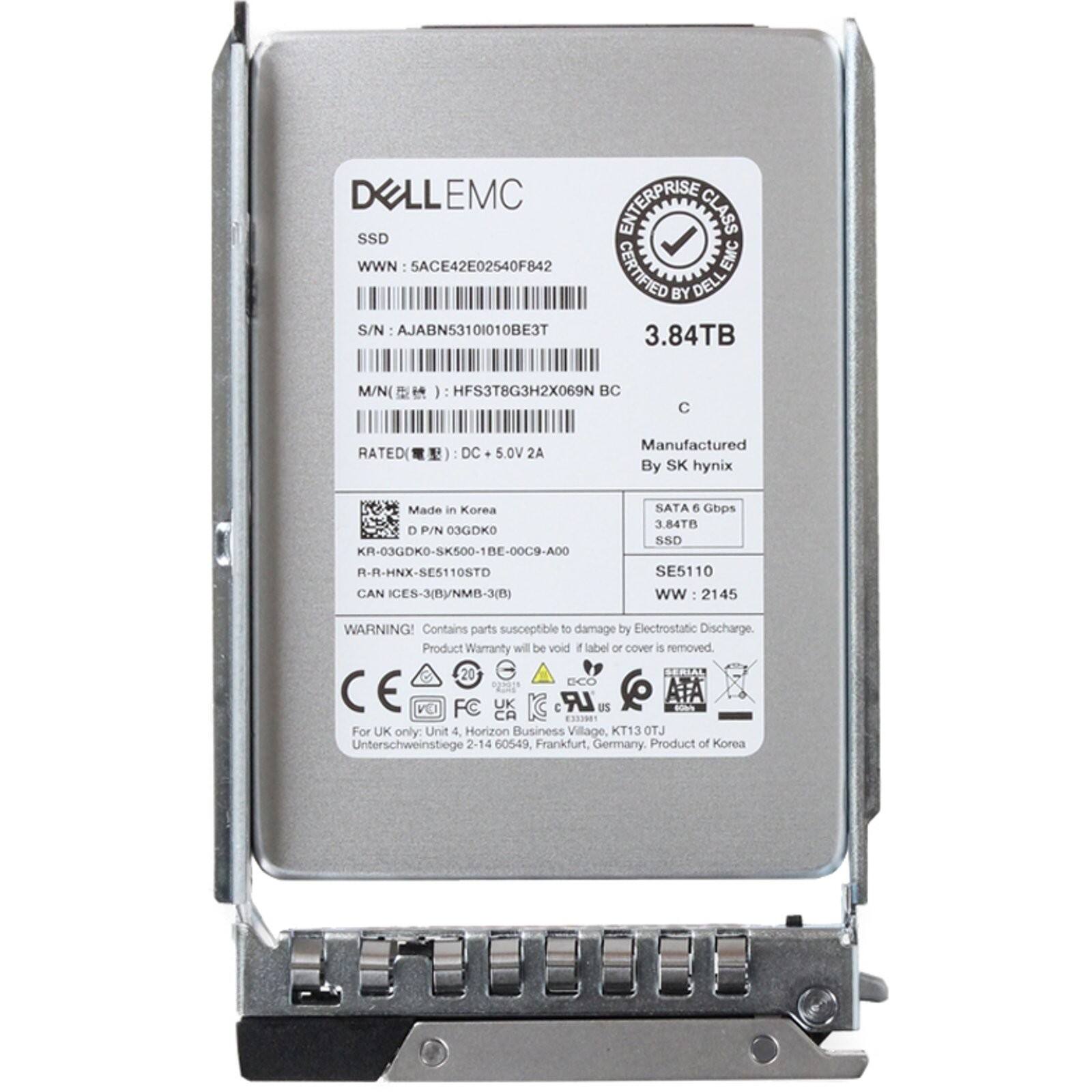 DELL EMC ENTERPRISE SSD CLASS WWN SACE42E02540F842 CERTIFIED EMC BY DELL S/N AJABN53101010BE3T 3.84TB M/N HFS3T8G3H2X069N BC RATED DC 5.0V 2A Manufactured By SK hynix Made in Korea D P/N O3GOKO KR-03GDK0-SK500-1BE-00C9-A00 R-R-HNX-SE5110STD CAN ICES-3(B)/NMB-3(B) SATA 6 Gbps 3.84T SSD SE5110 WW:2145 WARNING! Contains parts susceptible to damage by Electrostatic Discharge. Product Warranty will be void if label or cover is removed. 20 enge DCO FC UK LR US - E333961 For UK only. Unit 4. Horizon Business Village, KT130 Unterschweinstiege 2-14 60549, Frankfurt, Germany. Product of Korea