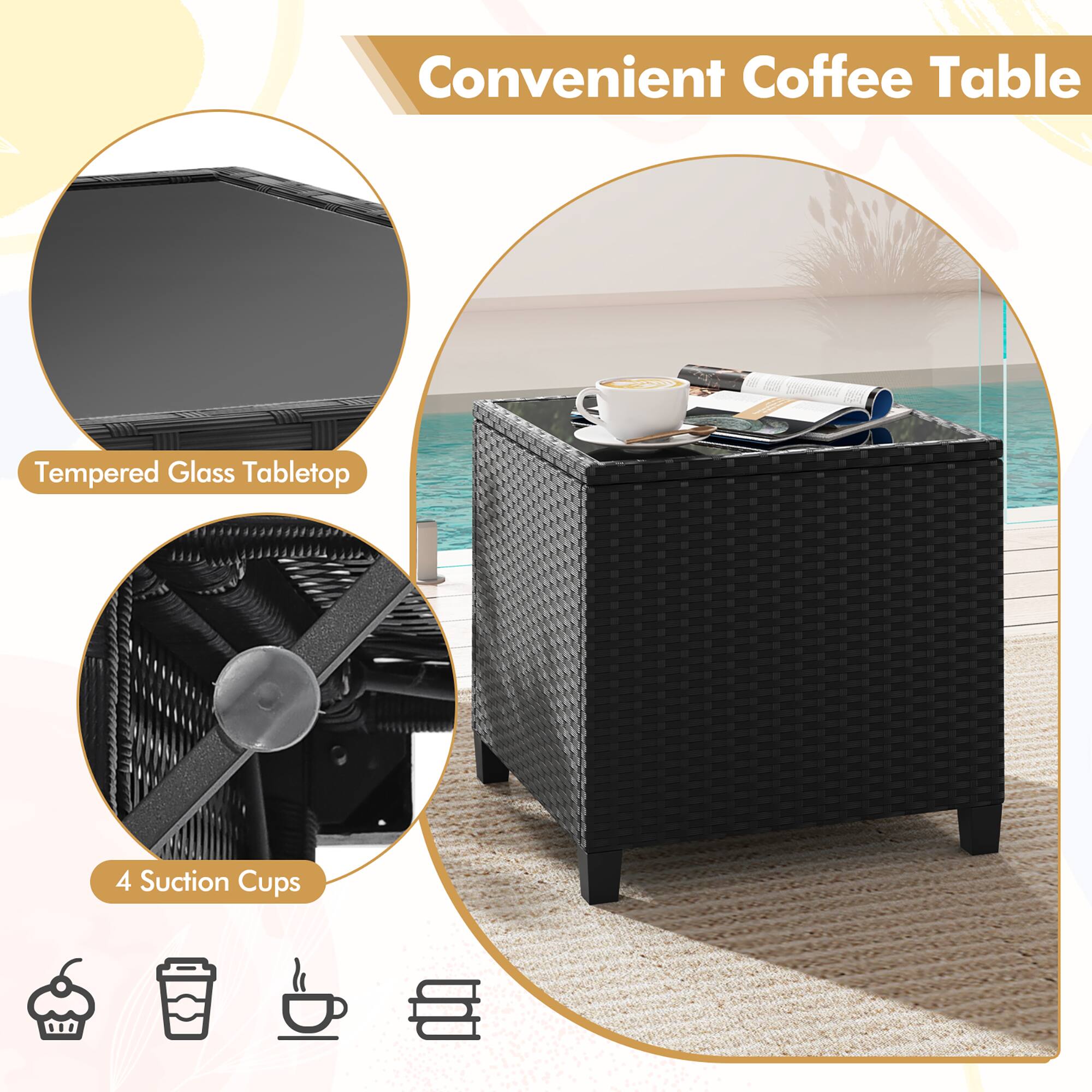 Convenient Coffee Table Tempered Glass Tabletop 4 Suction Cups