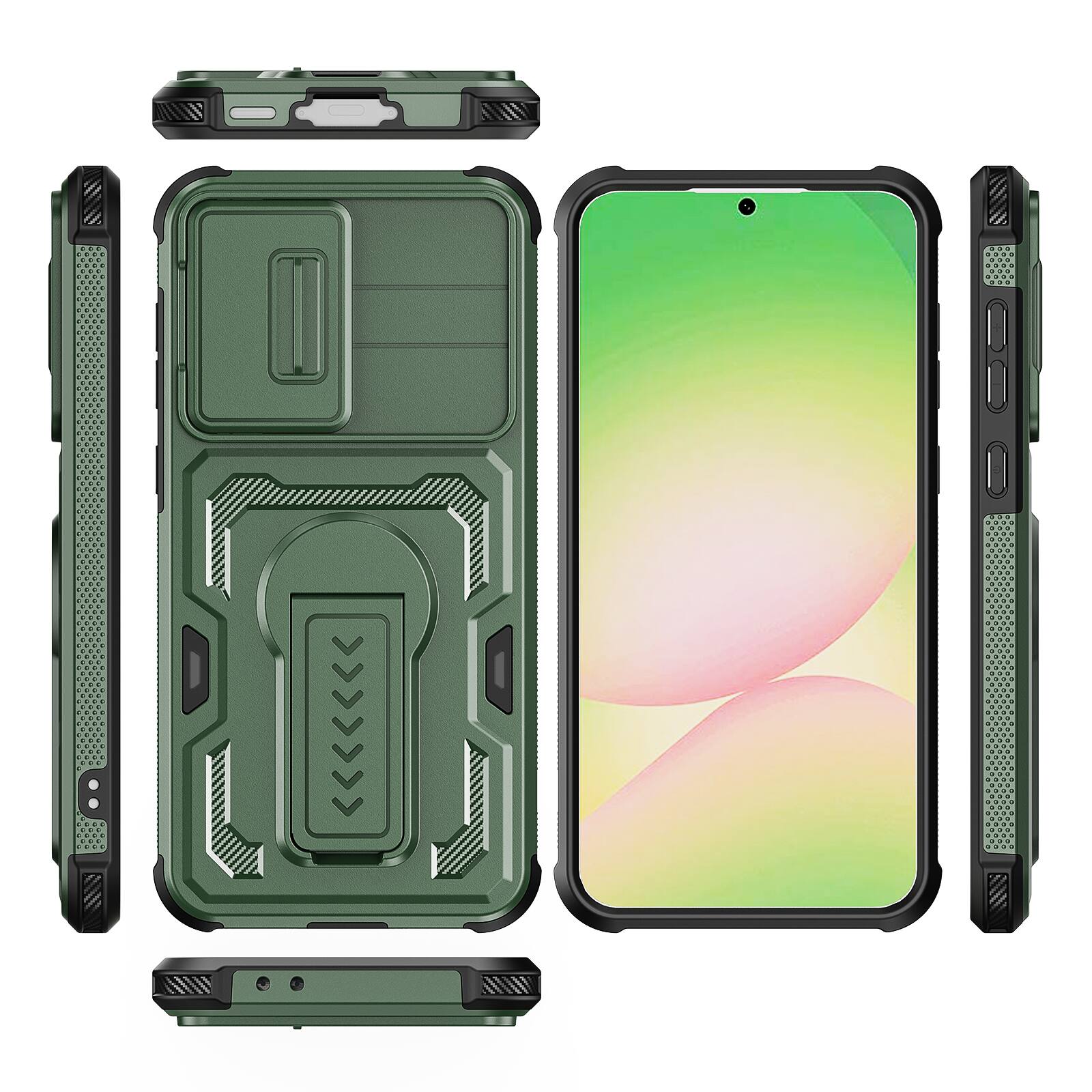 Alt View 4. Dteck - Rugged Stand Case for Samsung Galaxy A37 5G/A56 5G/A36 5G,Shockproof Heavy Duty Cover+Sliding Lens Cover+Tempered Glass - Green.