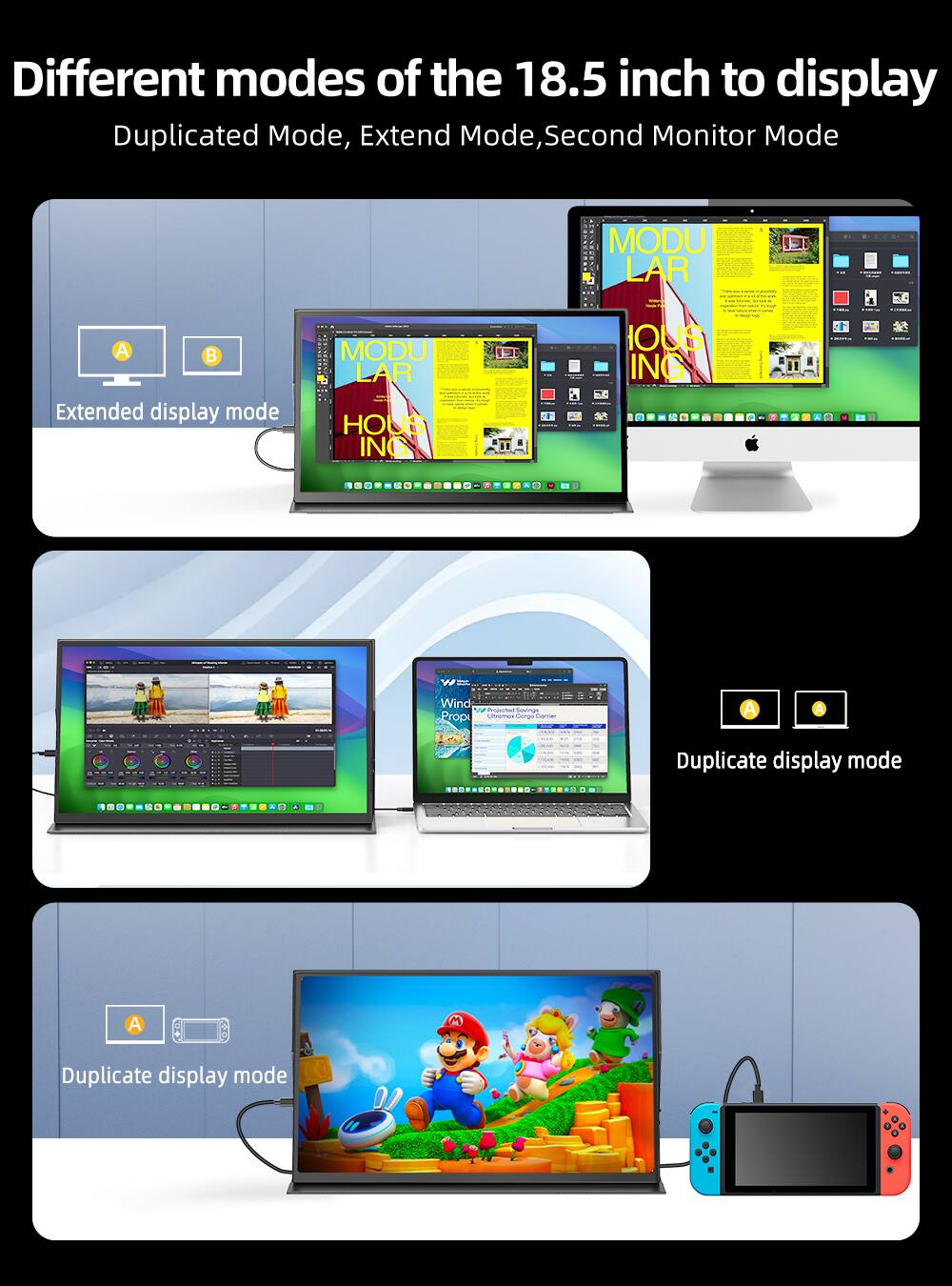 Different modes of the 18.5 inch to display  
Duplicated Mode, Extend Mode, Second Monitor Mode  

MODULAR - A B  
Extended display mode  

MODULAR HOUSING  
Extended display mode  

Duplicate display mode  

Duplicate display mode