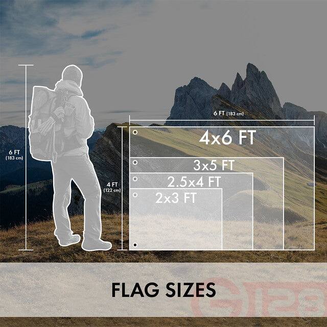6 FT (183 cm)  
4 FT (122 cm)  
4x6 FT  
3x5 FT  
2.5x4 FT  
2x3 FT  

FLAG SIZES