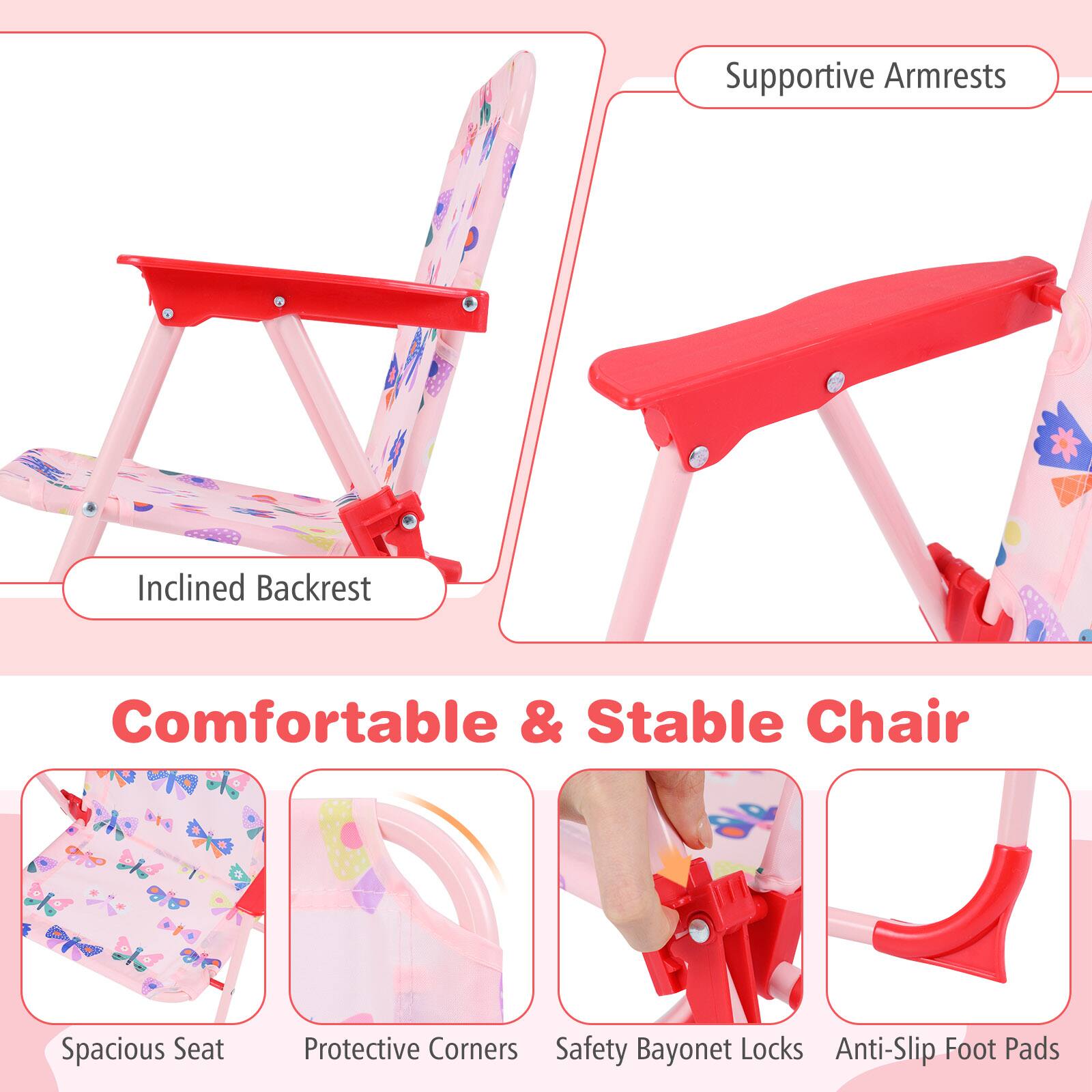 Supportive Armrests  
Inclined Backrest  
Comfortable & Stable Chair  
Spacious Seat  
Protective Corners  
Safety Bayonet Locks  
Anti-Slip Foot Pads