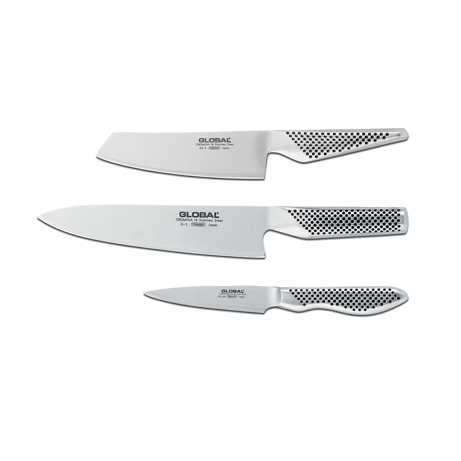 Global - G-2538 3 Piece Knife Set with Chef's, Vegetable and Paring Knife - Silver