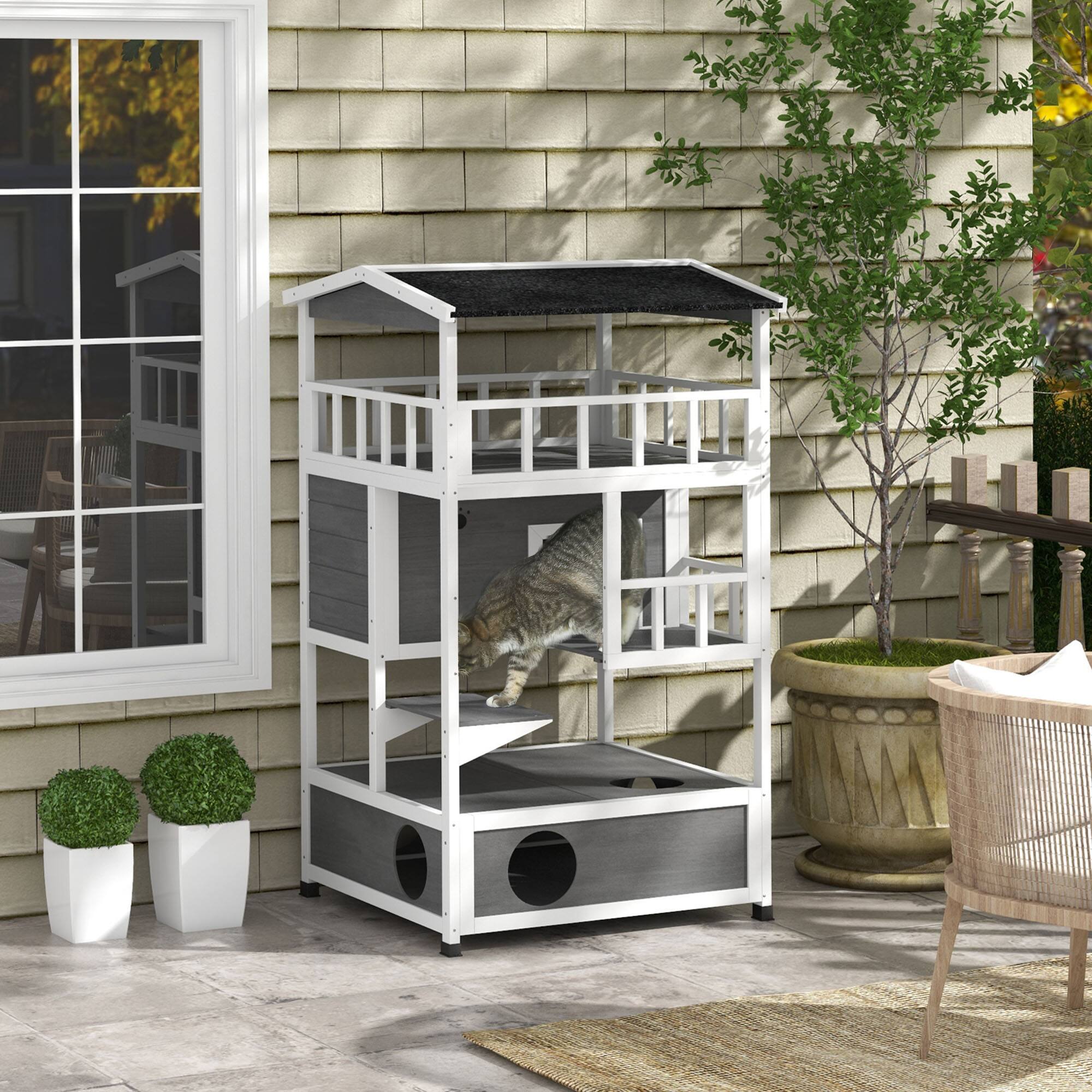 Alt View 1. Pawhut - Outdoor Cat House with Asphalt Roof, Escape Doors, Condo, Jumping Platform.