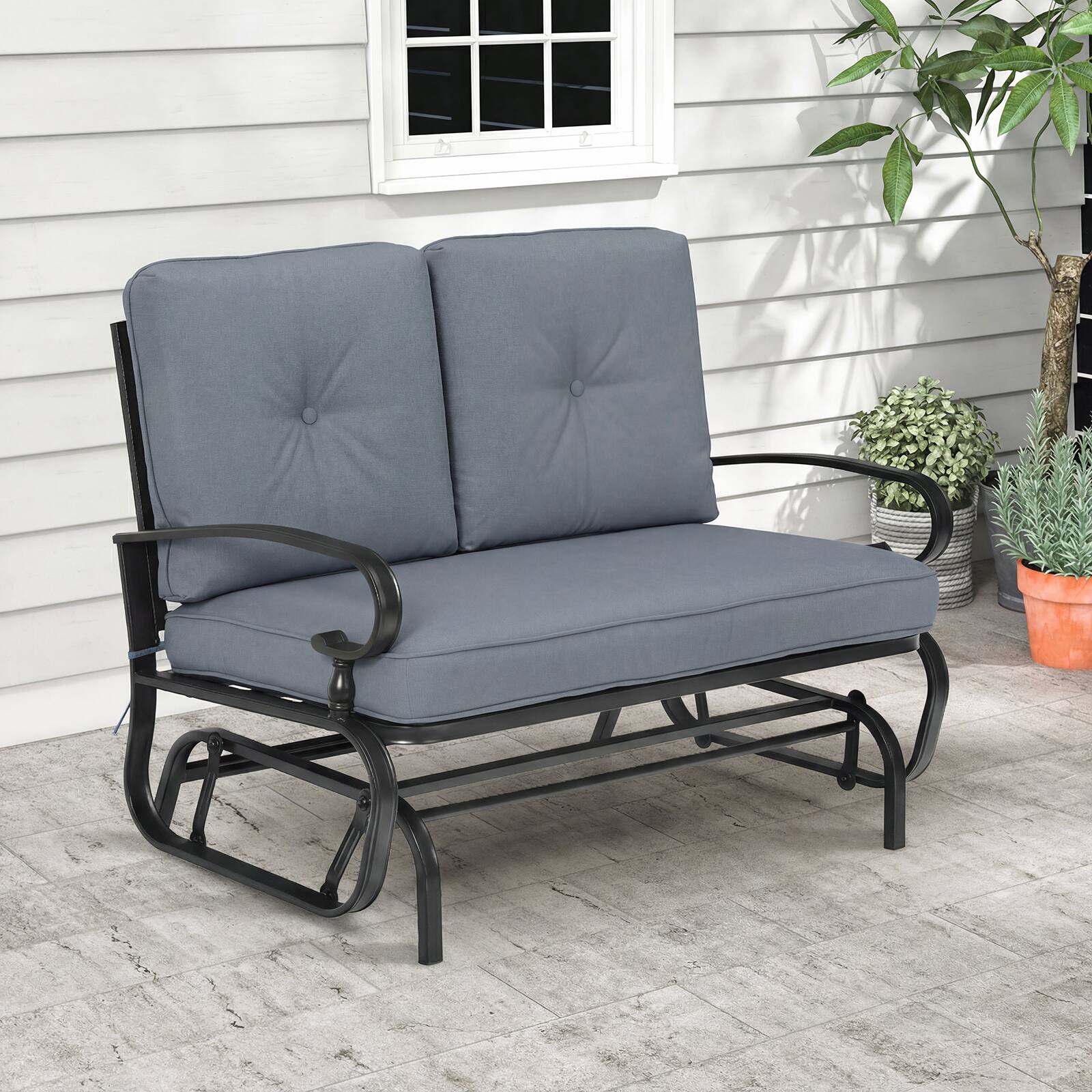Alt View 3. Costway - Glider Outdoor Patio Rocking Bench Loveseat Cushioned Seat Steel Frame - Grey.
