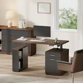 ModernMate - 53" Electric Executive Desk with Drawers & File Cabinet, Built-in Charging Station - Black Walnut