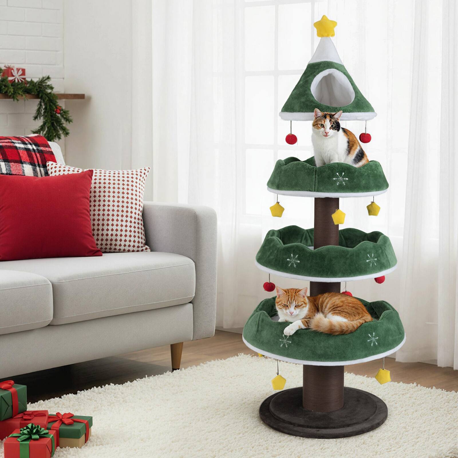 Alt View 3. Costway - Costway 70.5 inch Tall Christmas Cat Tree with 3 Plush Platforms, Enclosed Top Perch - Green+Yellow+White+Brown+Red.