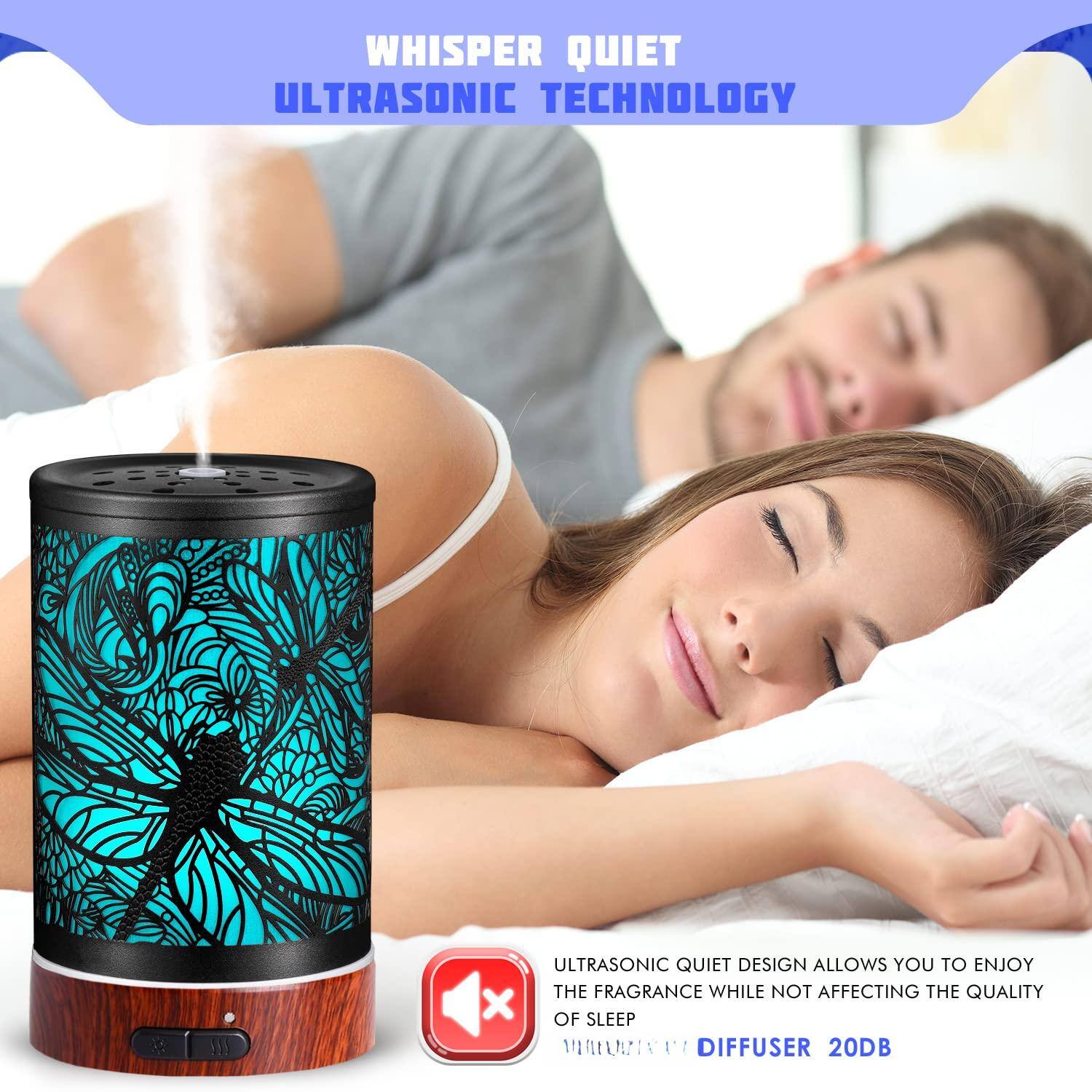Sure, here is the corrected and grouped text from the image:

---

**WHISPER QUIET ULTRASONIC TECHNOLOGY**

**QUIET TECHNOLOGY**

**ULTRASONIC QUIET DESIGN ALLOWS YOU TO ENJOY THE FRAGRANCE WHILE NOT AFFECTING THE QUALITY OF SLEEP**

**DIFFUSER 20DB**

---