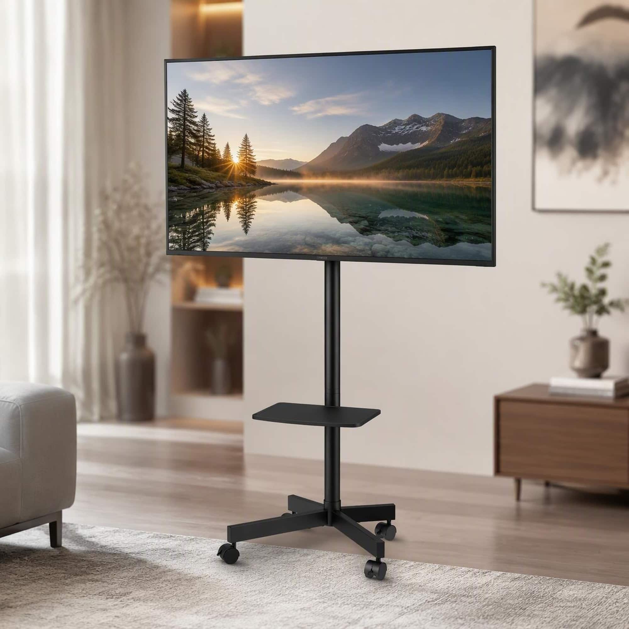 RYHNUYNE - Mobile TV Stand Cart, Height Adjustable Portable Rolling Mount With Tray For 23-60 Inch TVs - Black