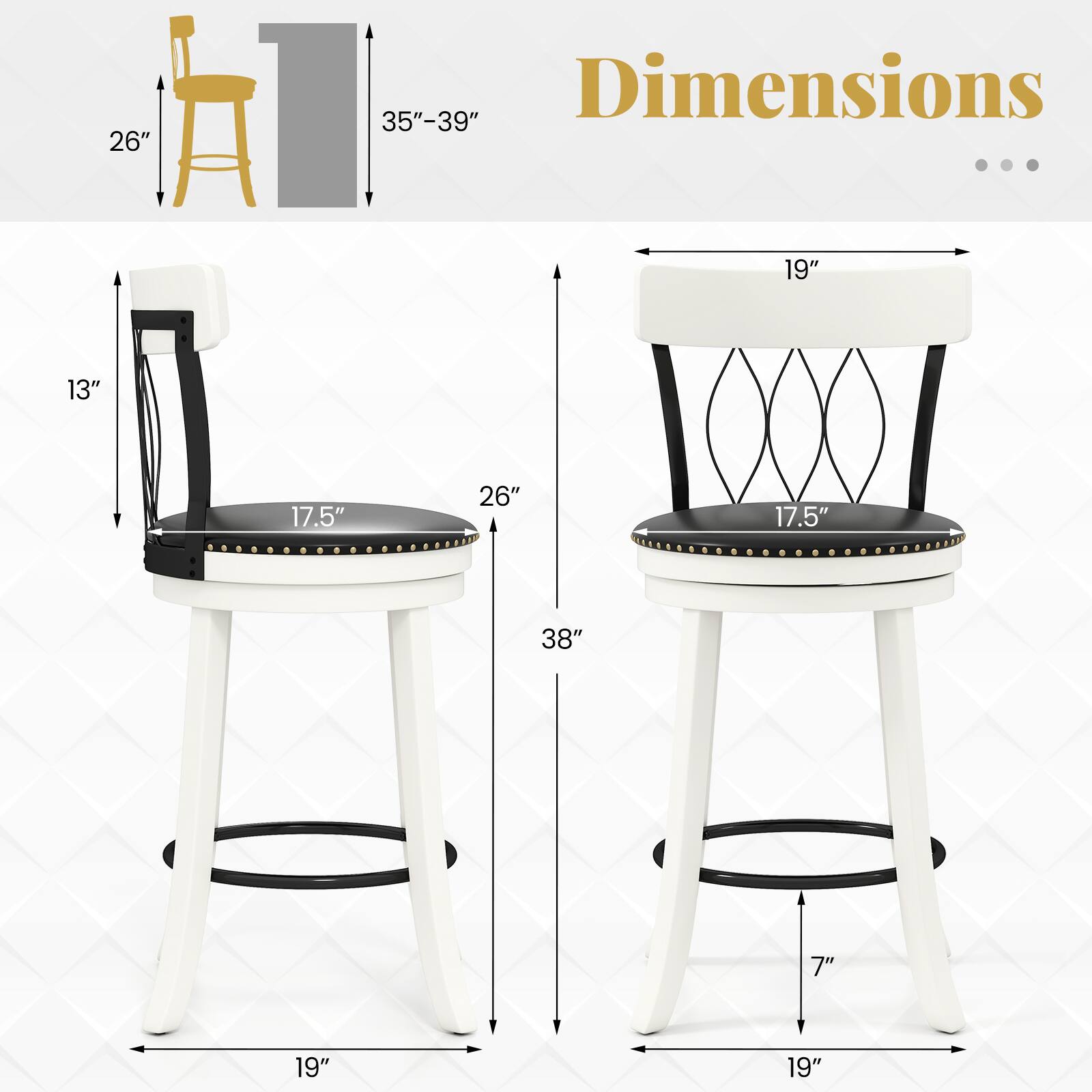 Dimensions

- Height: 35" - 39"
- Seat Height: 26"
- Seat Diameter: 19"
- Backrest Height: 13"
- Backrest Width: 19"
- Overall Height: 38"
- Overall Width: 19"
- Overall Depth: 19"
- Seat Depth: 17.5"
- Base Diameter: 17.5"
- Base Height: 7"