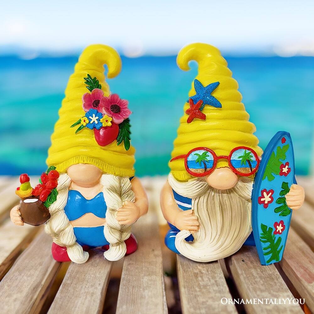 Back. OrnamentallyYou - Tropical Beach Gnome Duo Figurine Set, Cute 6" Summer Decoration Garden Statue - Multicolored.