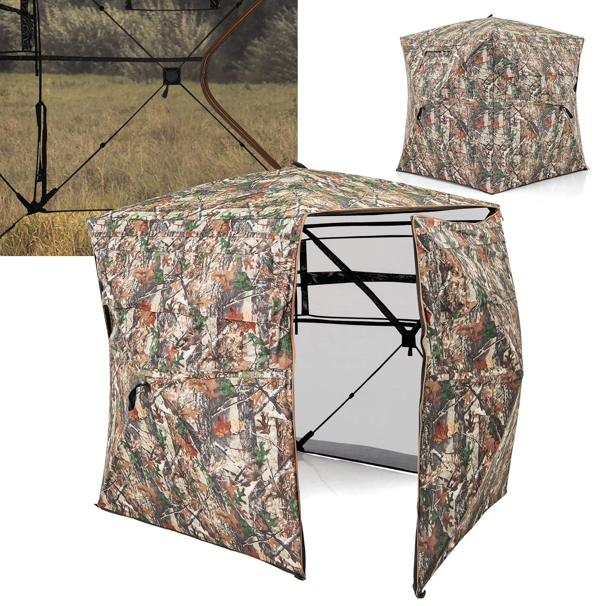 Gymax - 360° One-Way See-Through Hunting Blind w/ Full-Open Door Portable Carry Bag - Camouflage