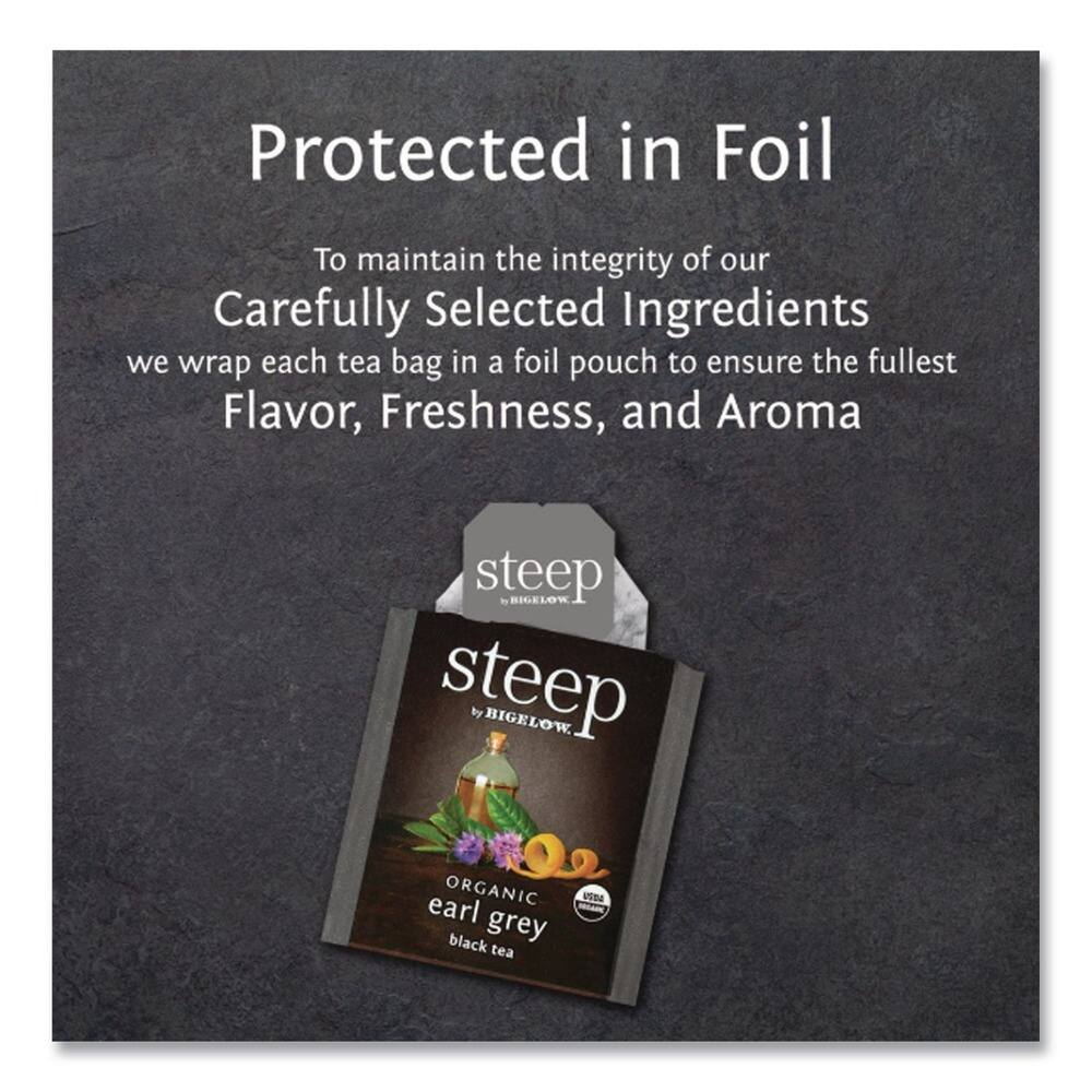 Protected in Foil

To maintain the integrity of our Carefully Selected Ingredients, we wrap each tea bag in a foil pouch to ensure the fullest Flavor, Freshness, and Aroma.

steep by BIGELOW

ORGANIC earl grey black tea